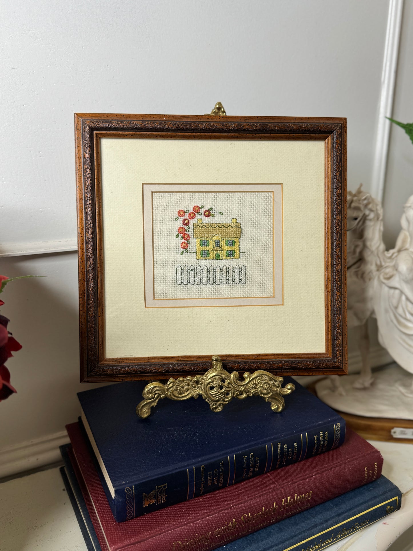 Meadow View Cottage – Vintage Embroidery Art in Carved Wood Frame