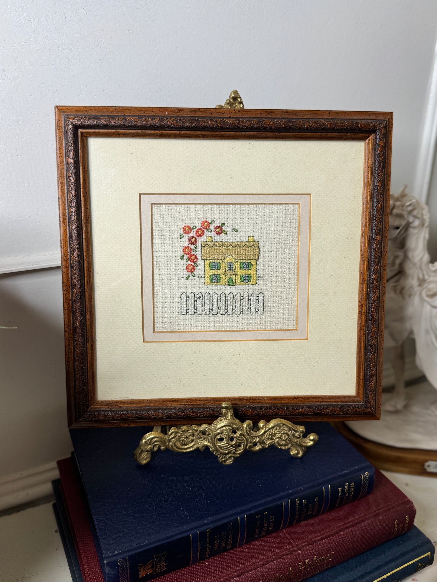 Meadow View Cottage – Vintage Embroidery Art in Carved Wood Frame