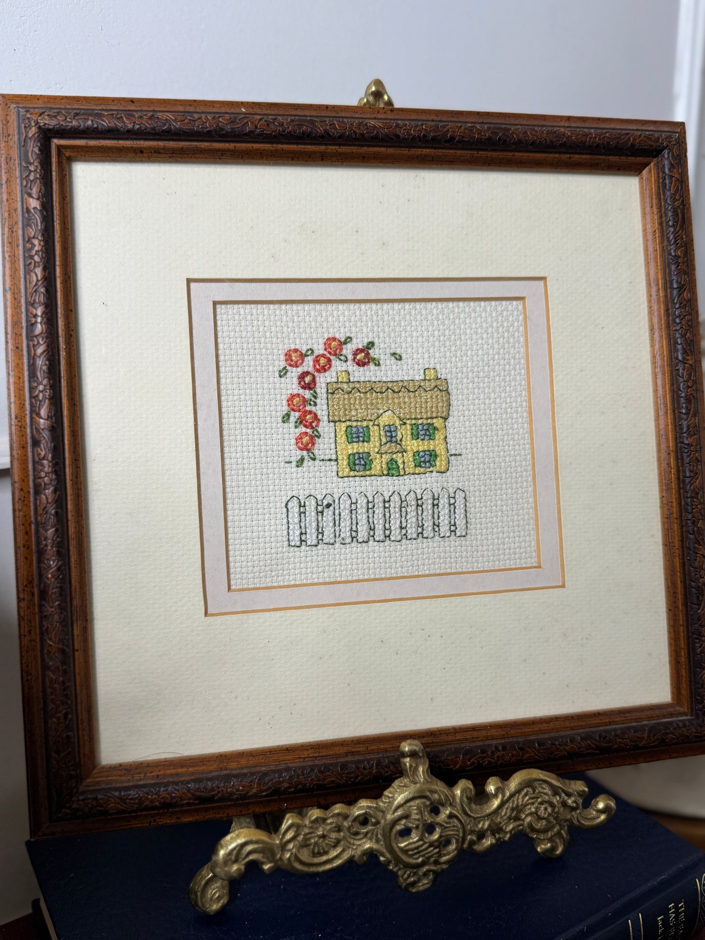 Meadow View Cottage – Vintage Embroidery Art in Carved Wood Frame