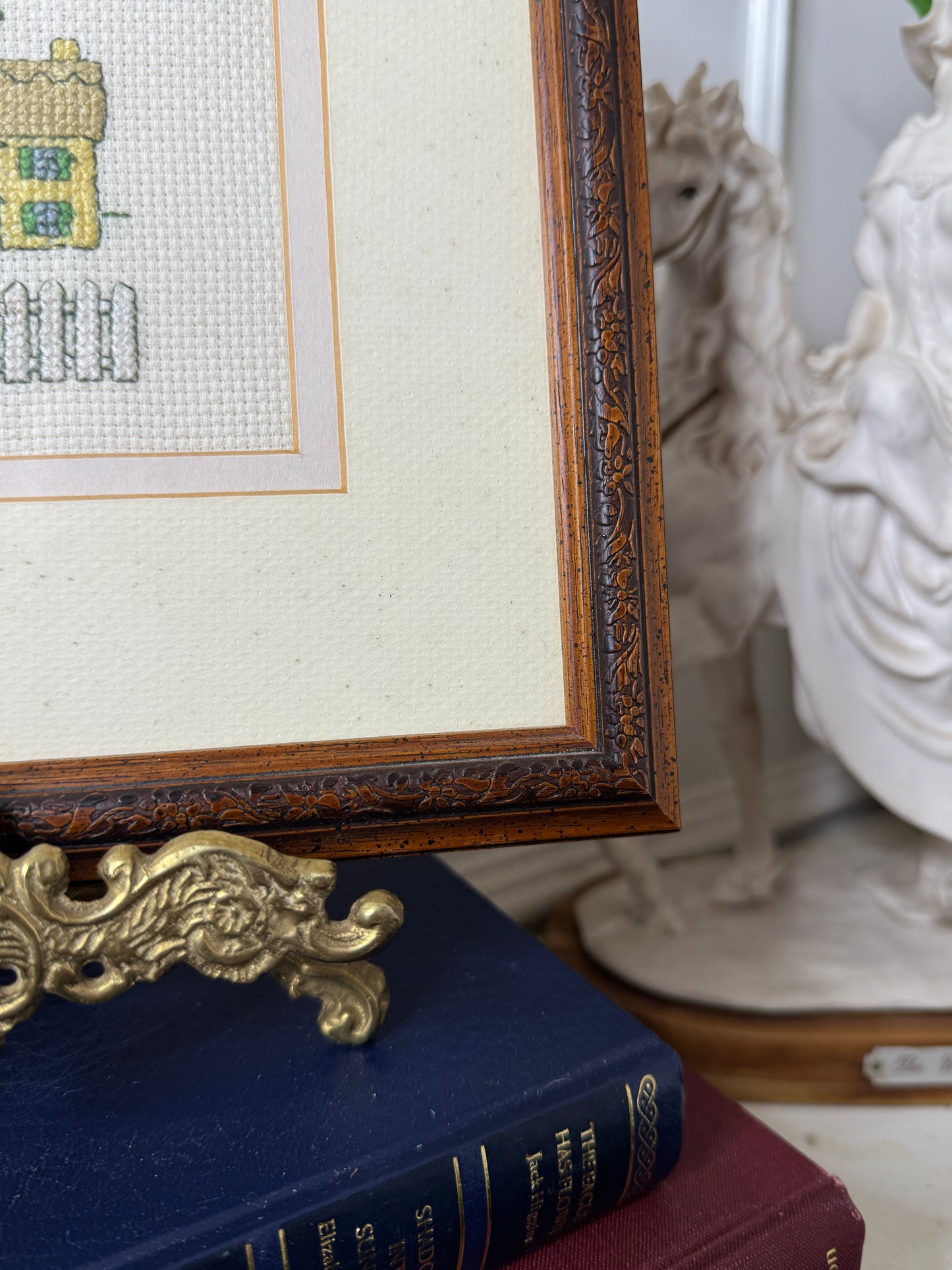 Meadow View Cottage – Vintage Embroidery Art in Carved Wood Frame