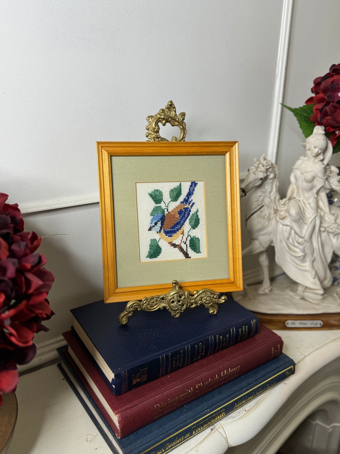 Springtime Songbird – Vintage Embroidery in Oak Frame