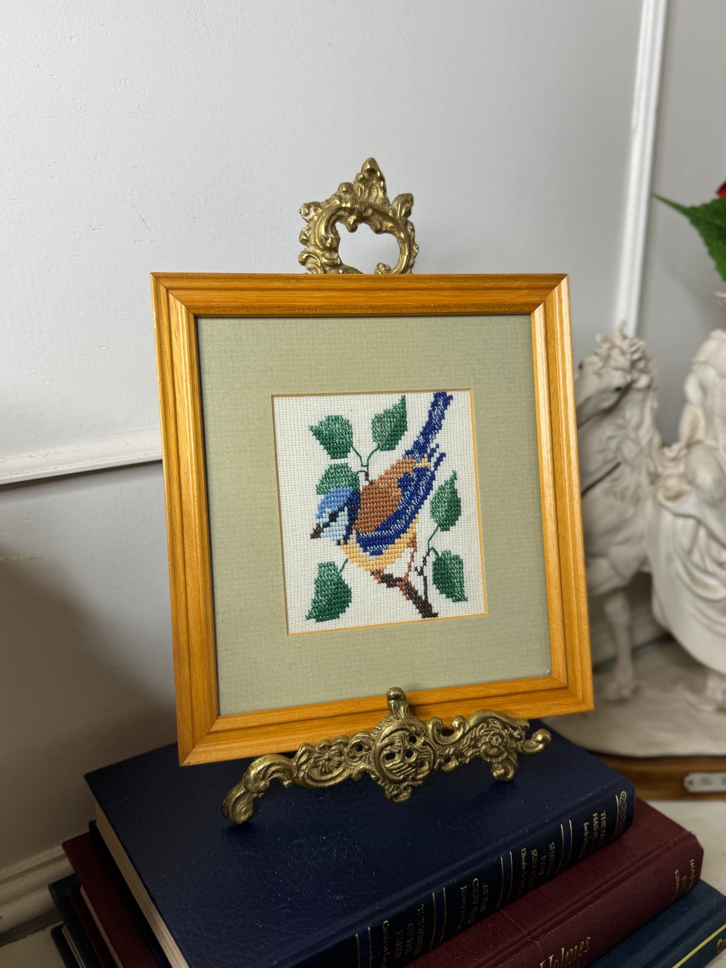 Springtime Songbird – Vintage Embroidery in Oak Frame