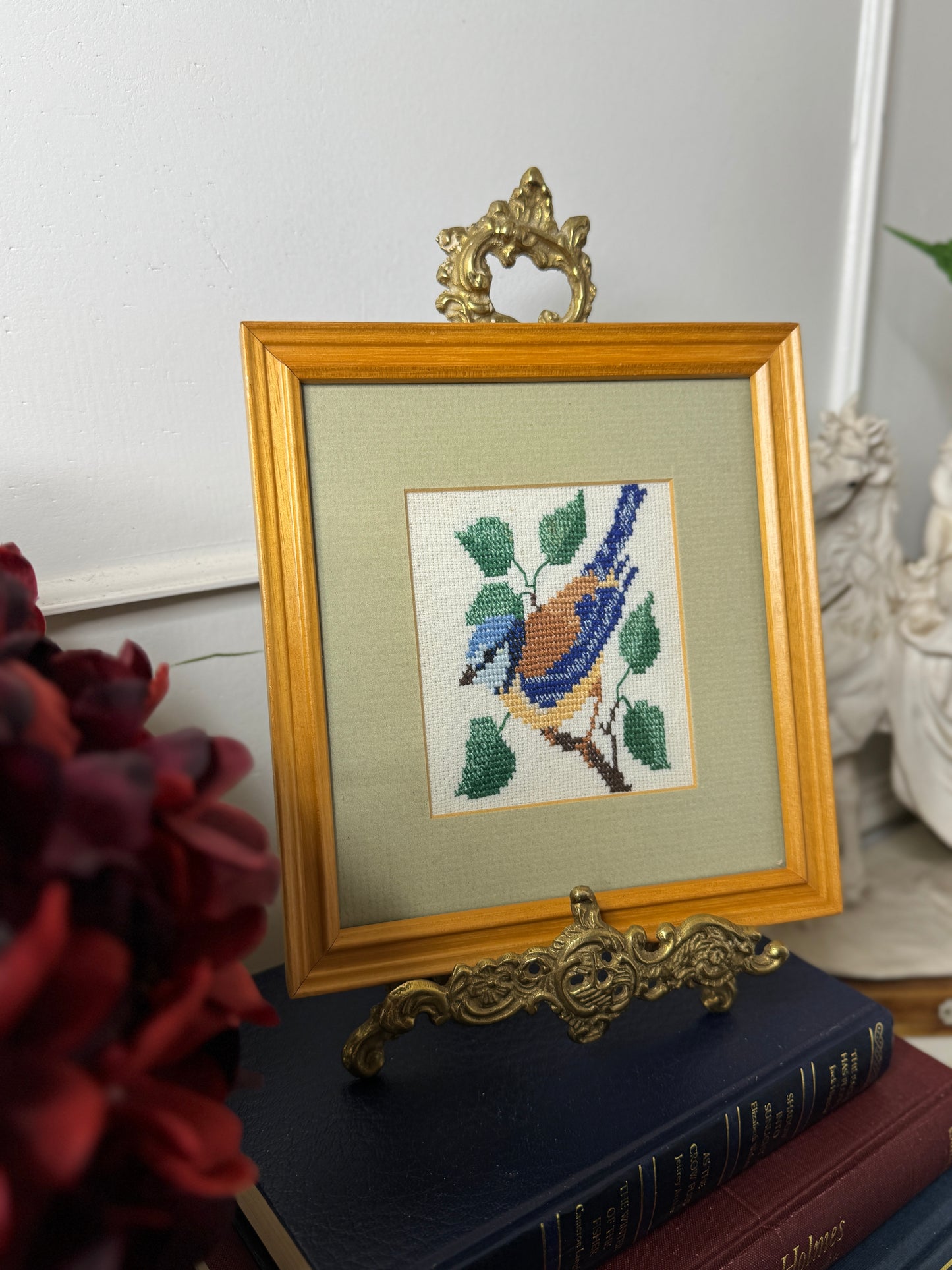 Springtime Songbird – Vintage Embroidery in Oak Frame