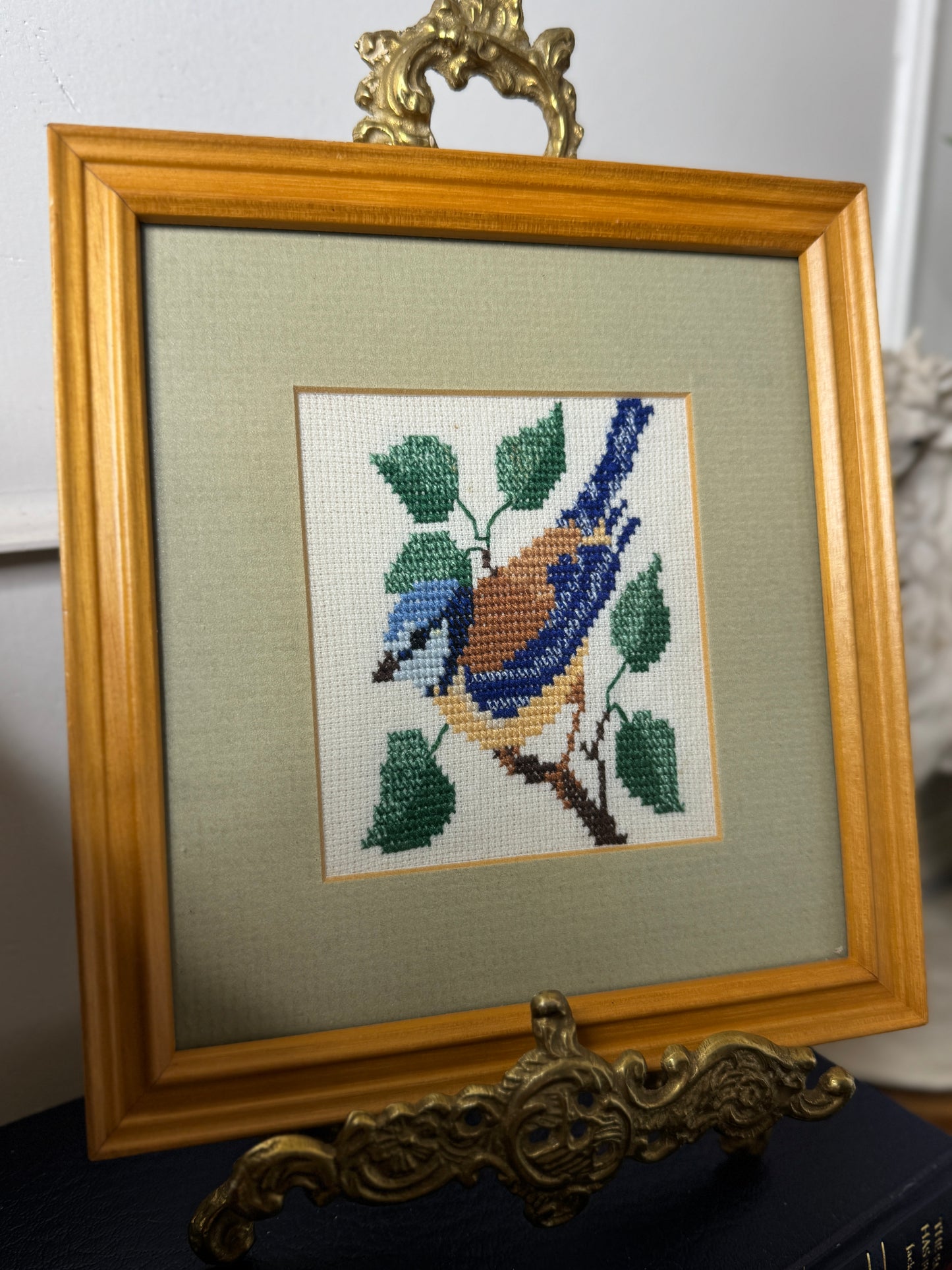 Springtime Songbird – Vintage Embroidery in Oak Frame