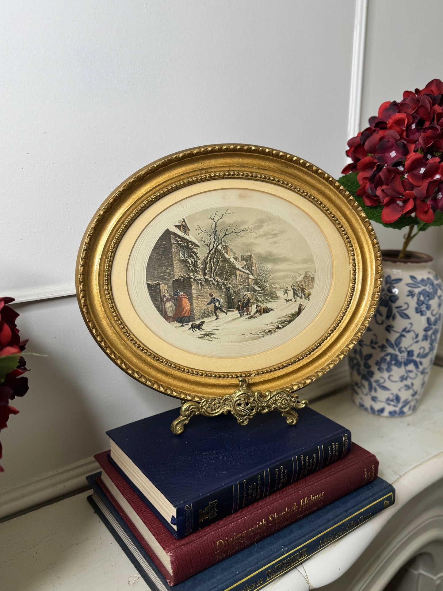 Winter Playtime – Antique Le Blond Oval Cityscape Print c.1910