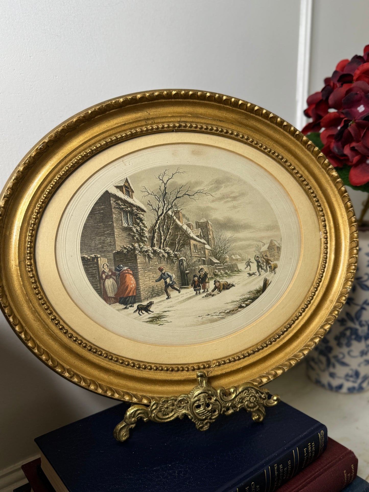 Winter Playtime – Antique Le Blond Oval Cityscape Print c.1910