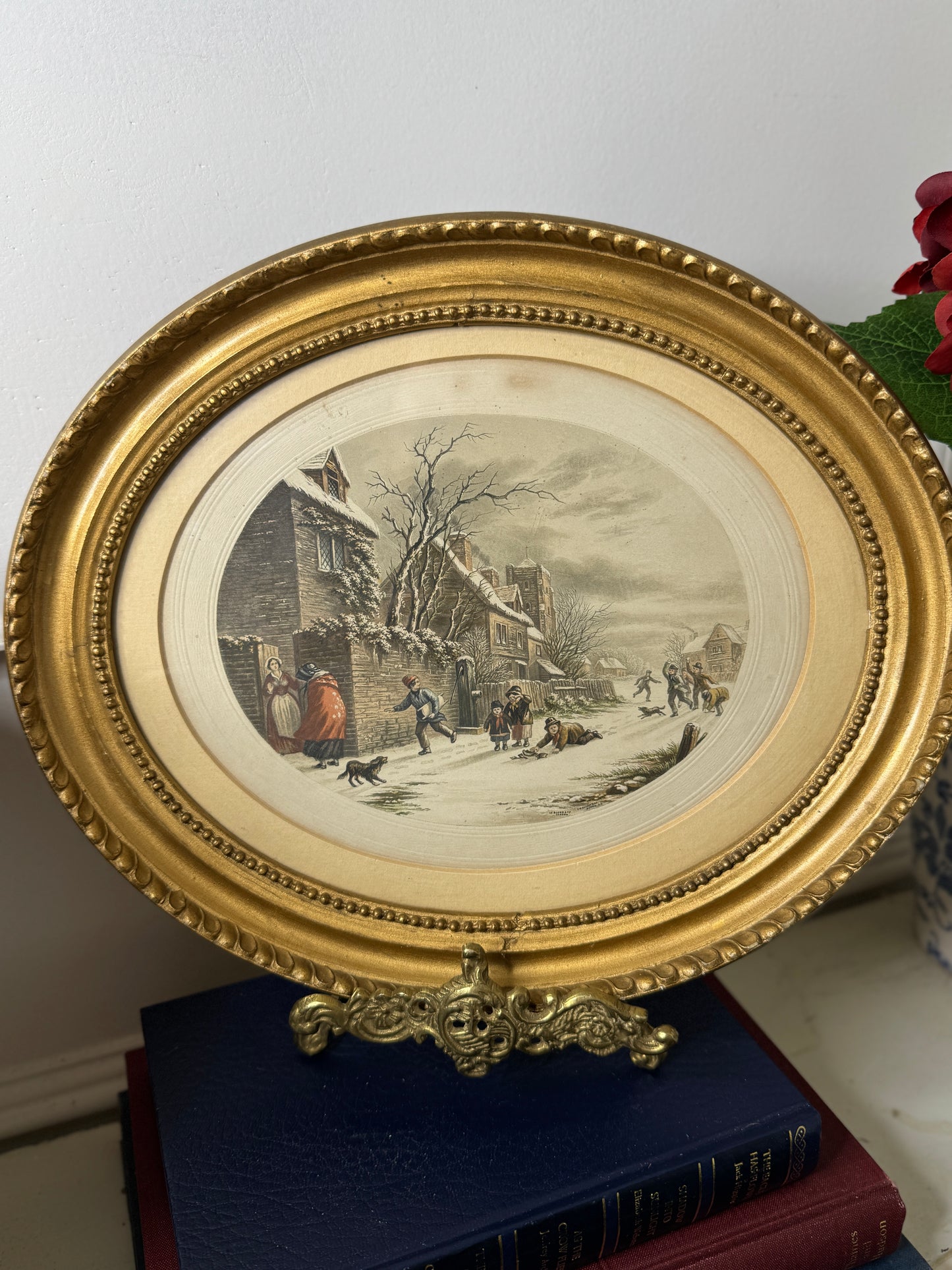 Winter Playtime – Antique Le Blond Oval Cityscape Print c.1910