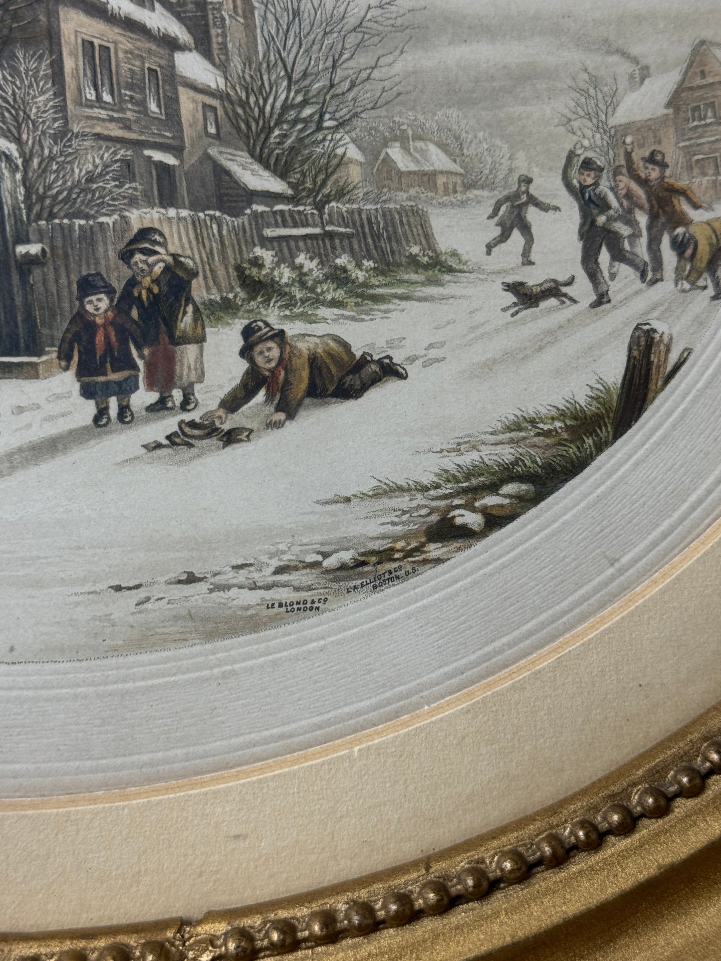 Winter Playtime – Antique Le Blond Oval Cityscape Print c.1910
