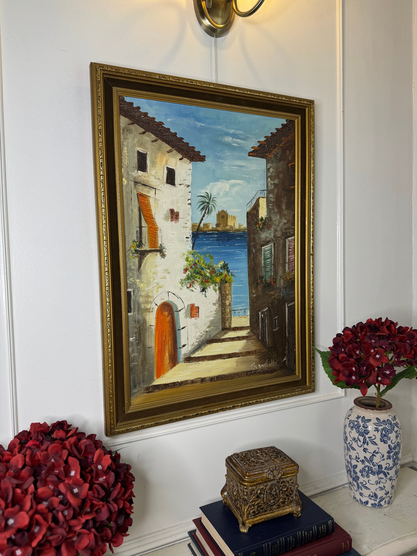 Mediterranean Coastal Village Palette Knife Oil Painting