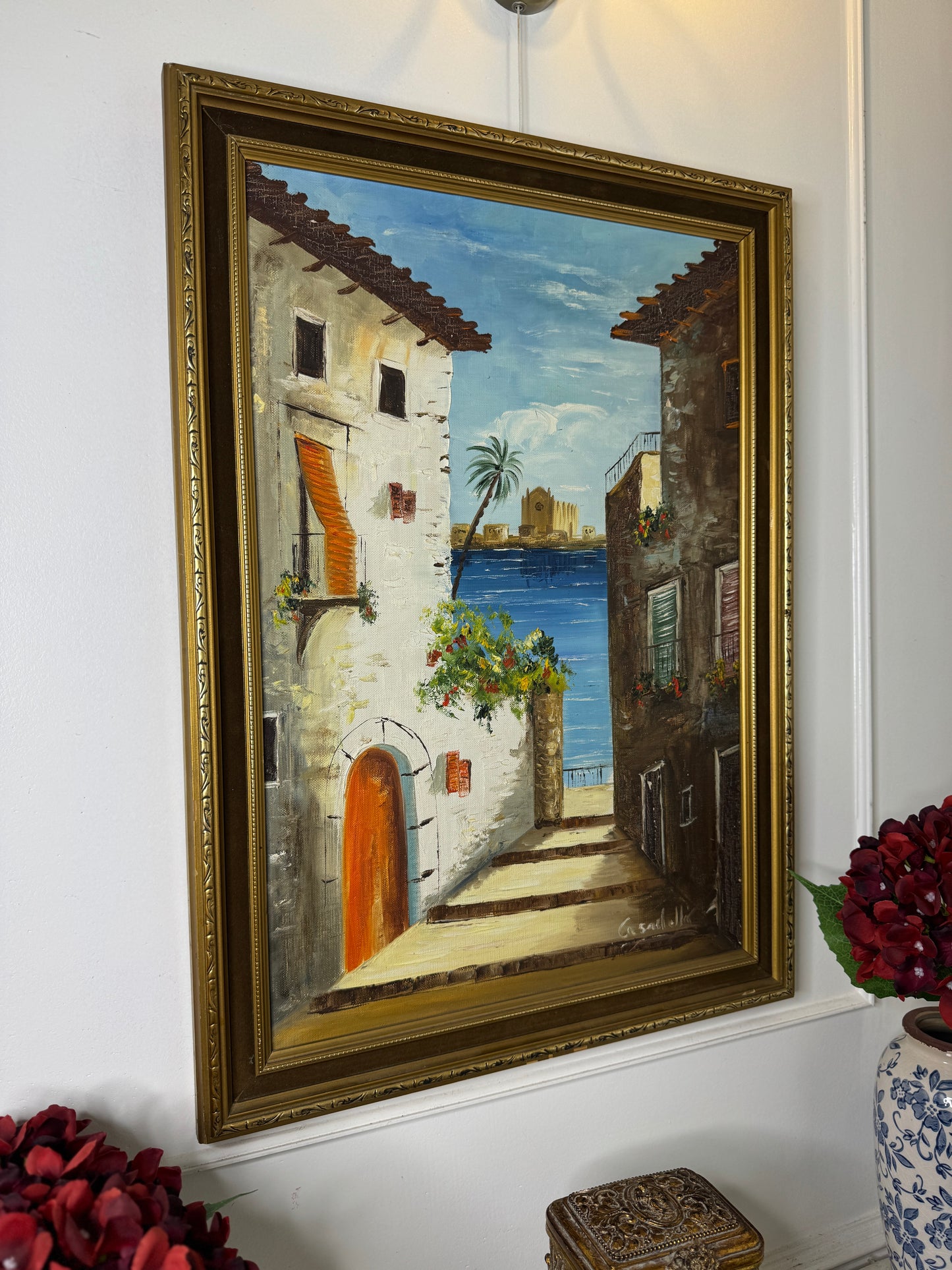Mediterranean Coastal Village Palette Knife Oil Painting