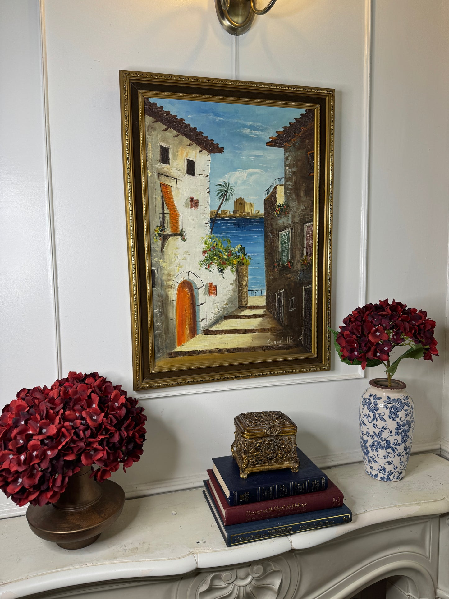 Mediterranean Coastal Village Palette Knife Oil Painting