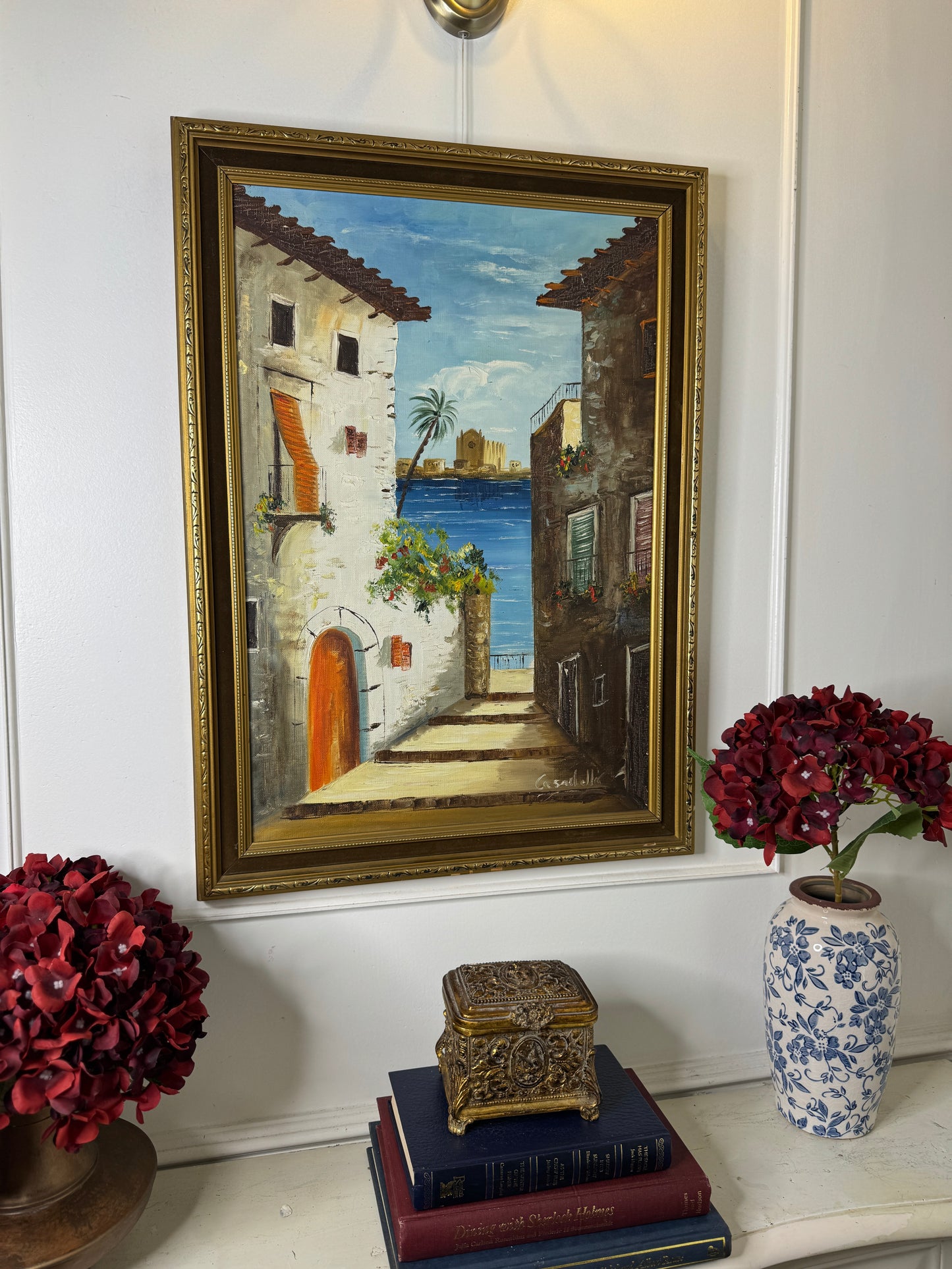 Mediterranean Coastal Village Palette Knife Oil Painting