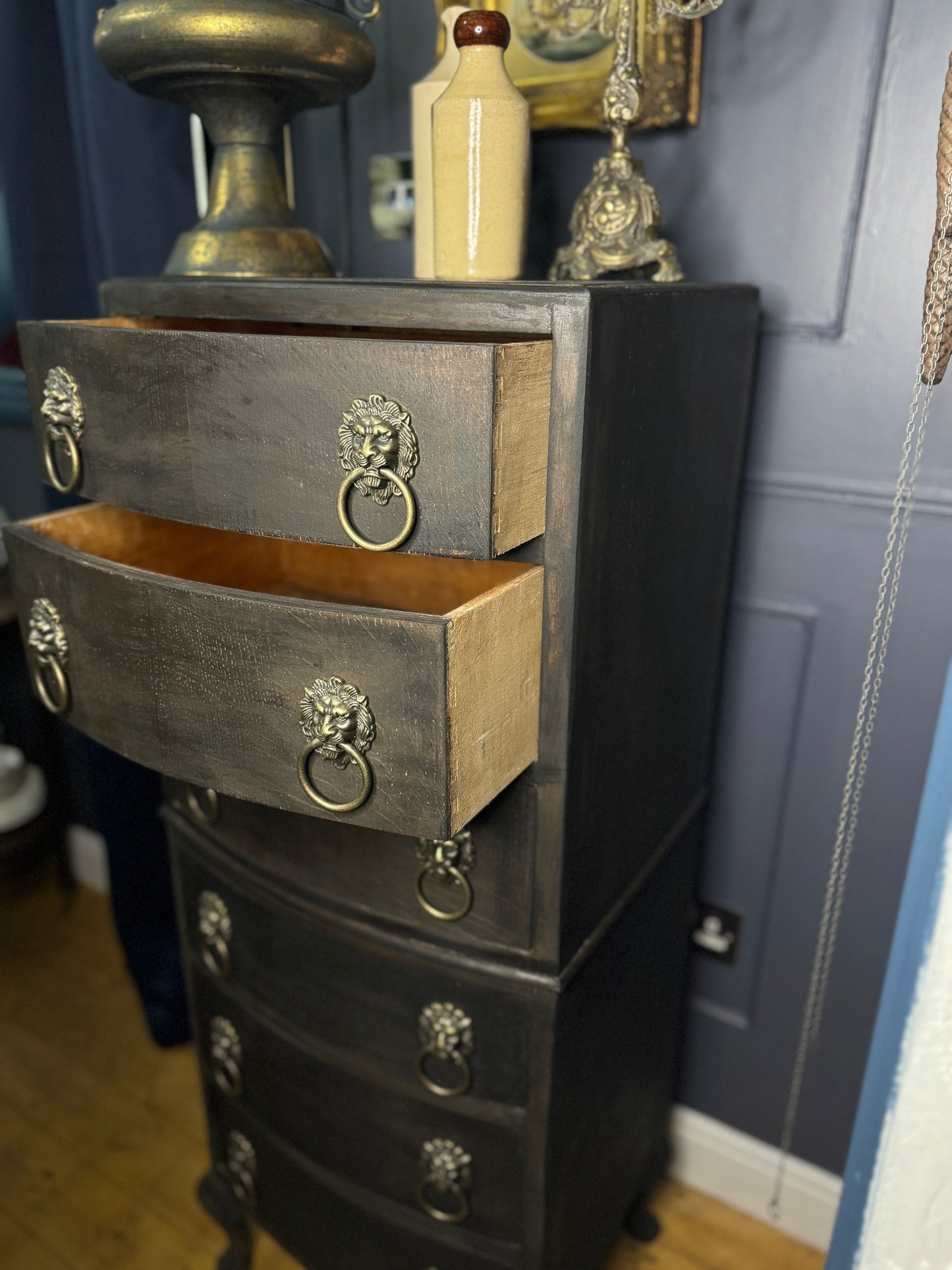 Upcycled Rustic Tall Boy - Black Noir Vintage Chest of Drawers