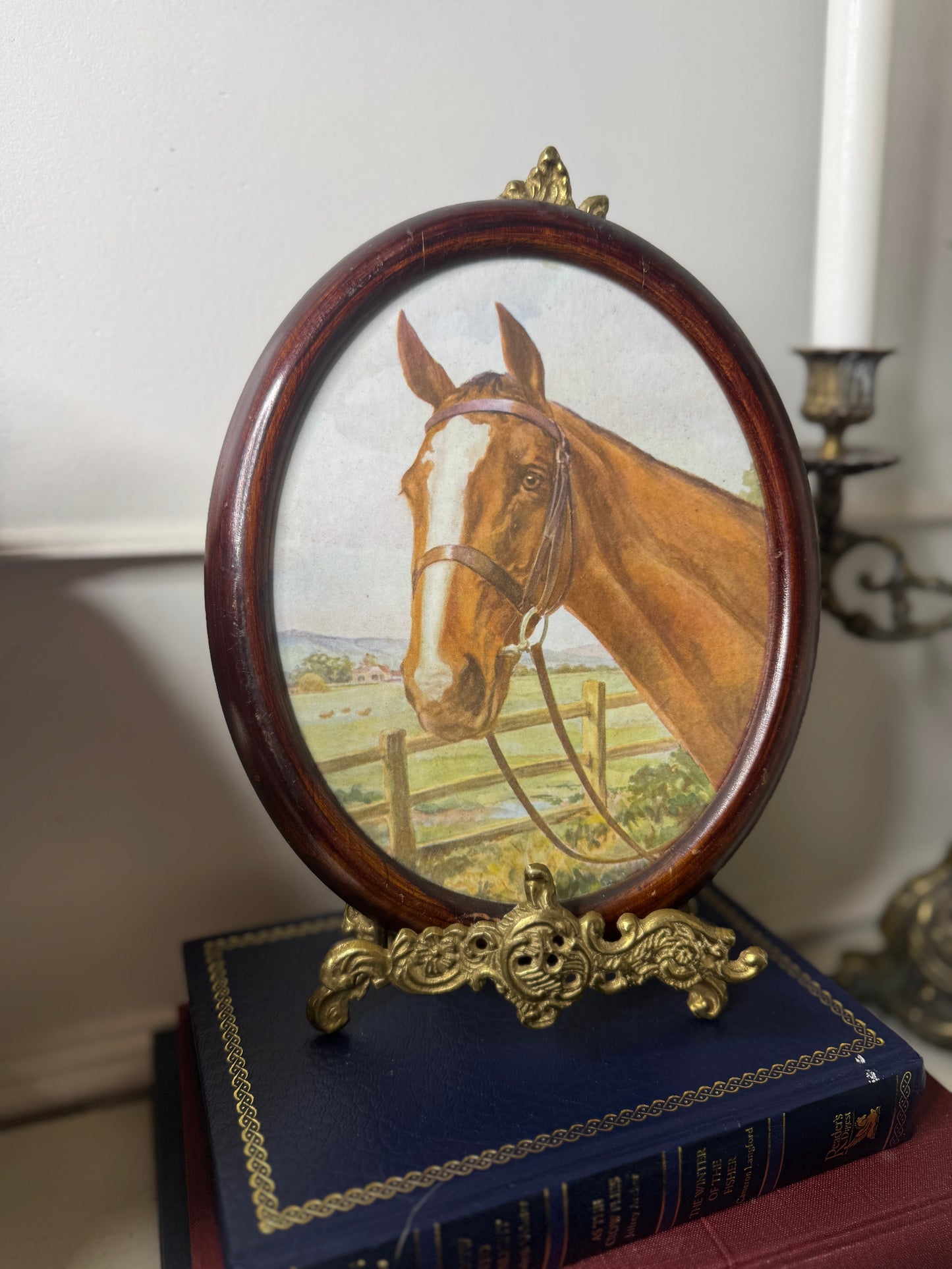 Vintage Horse Print in Ornate Oval Frame – Equestrian Wall Art