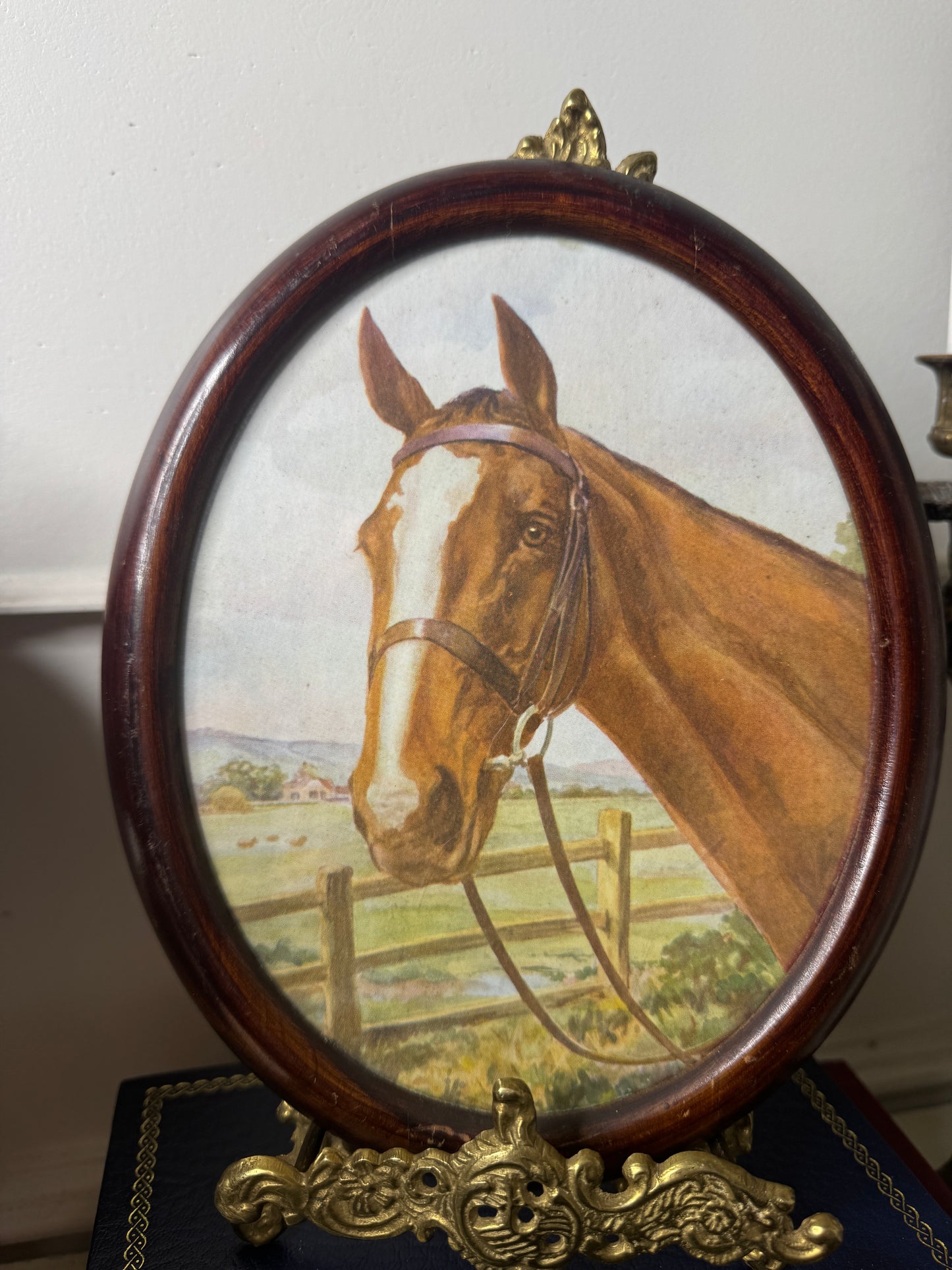 Vintage Horse Print in Ornate Oval Frame – Equestrian Wall Art