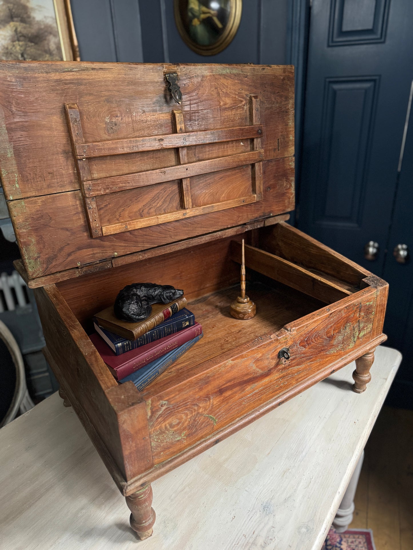 Victorian Clerk’s Desk – Antique Pine Tabletop Writing Desk with Padlock Latch, Aged Rustic Greeting Desk, Collectible Restaurant Host Stand