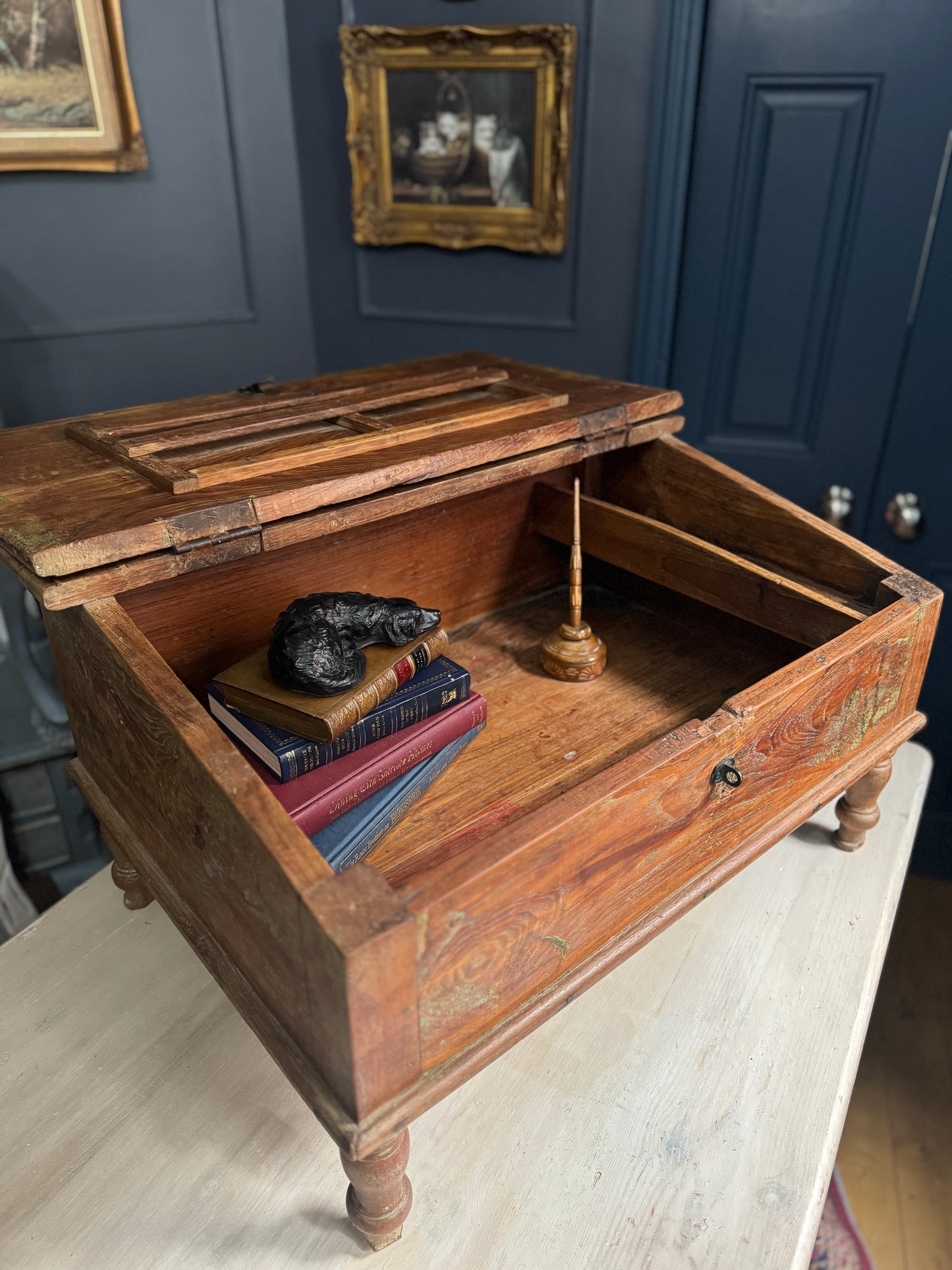 Victorian Clerk’s Desk – Antique Pine Tabletop Writing Desk with Padlock Latch, Aged Rustic Greeting Desk, Collectible Restaurant Host Stand