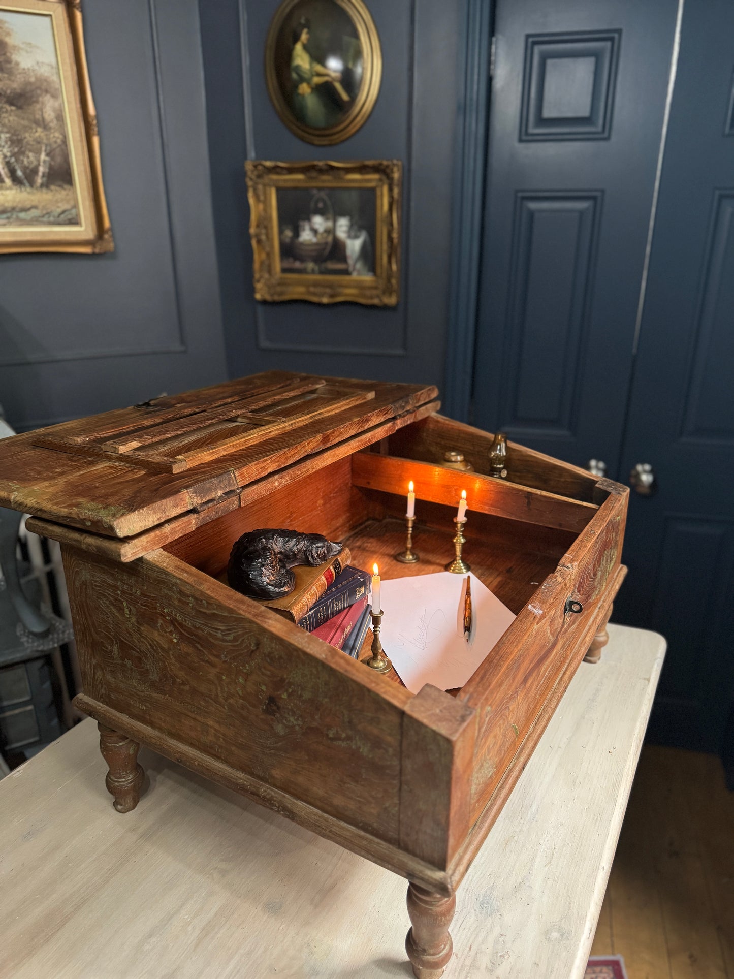 Victorian Clerk’s Desk – Antique Pine Tabletop Writing Desk with Padlock Latch, Aged Rustic Greeting Desk, Collectible Restaurant Host Stand