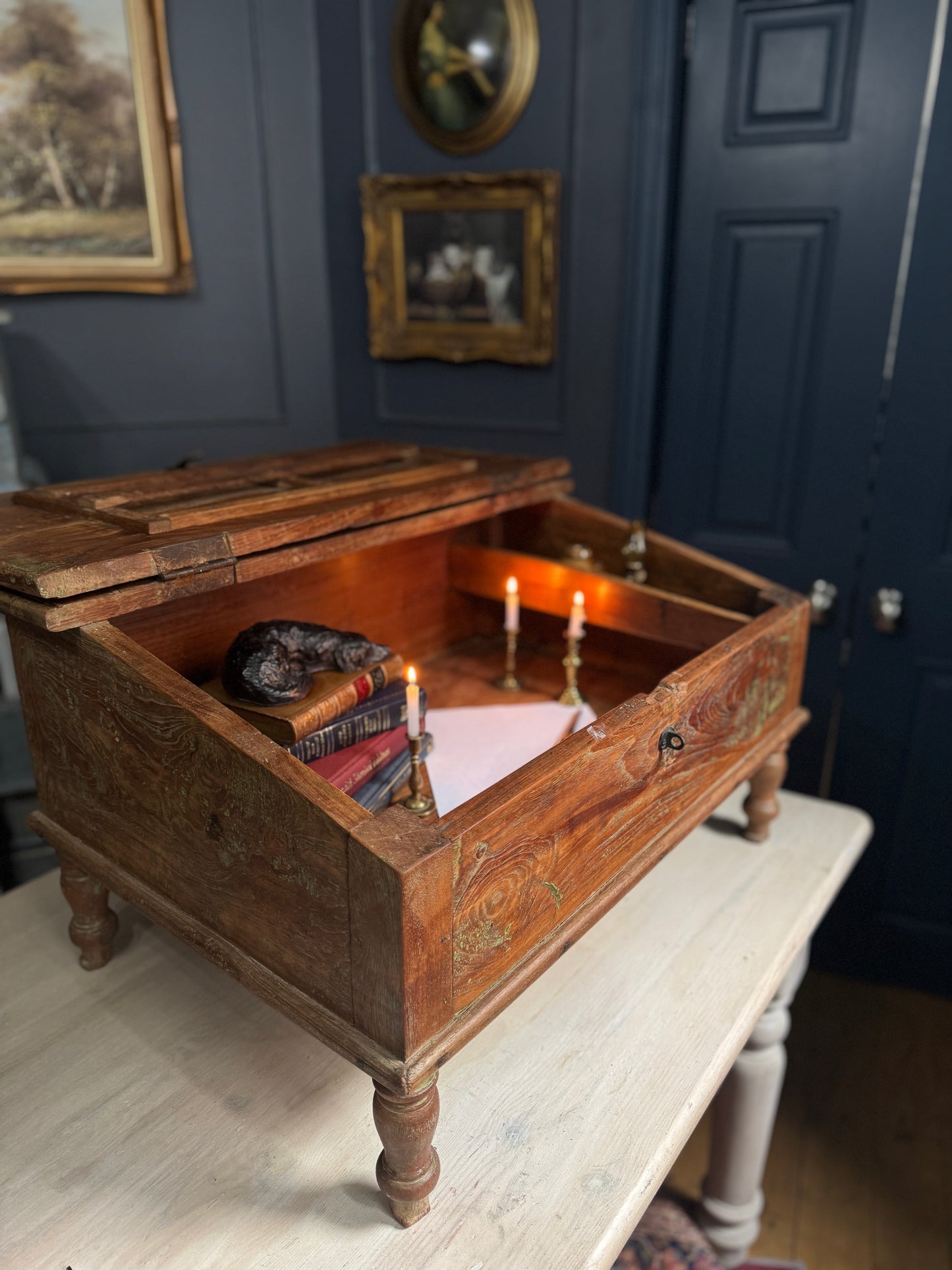 Victorian Clerk’s Desk – Antique Pine Tabletop Writing Desk with Padlock Latch, Aged Rustic Greeting Desk, Collectible Restaurant Host Stand