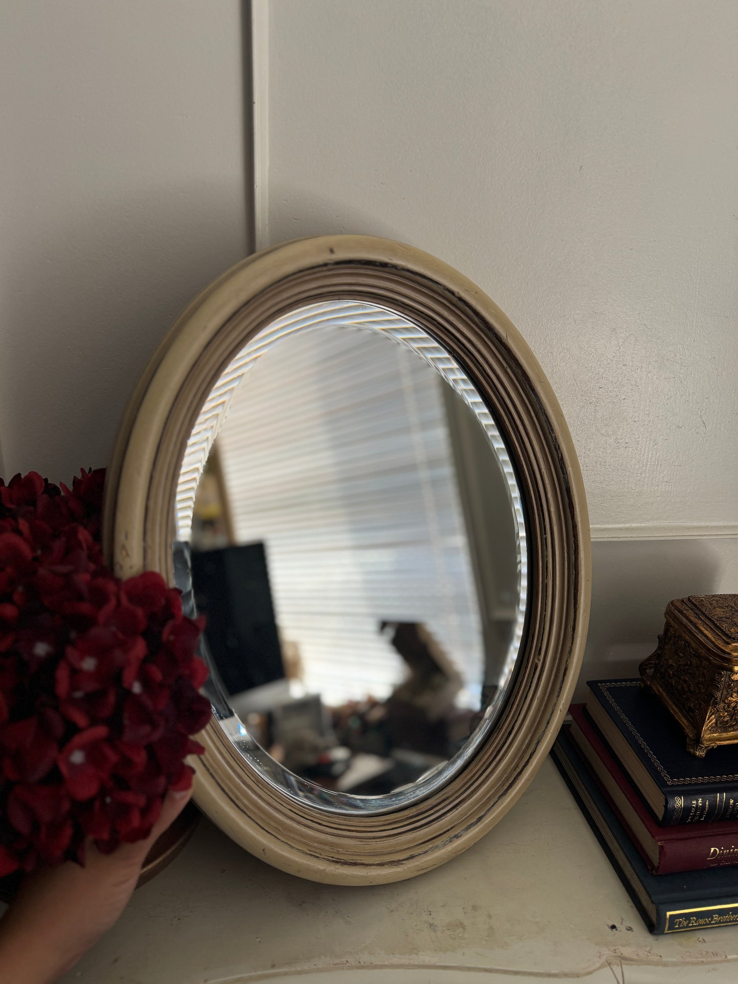 Vintage Small White Thick Trimmed Oval Mirror