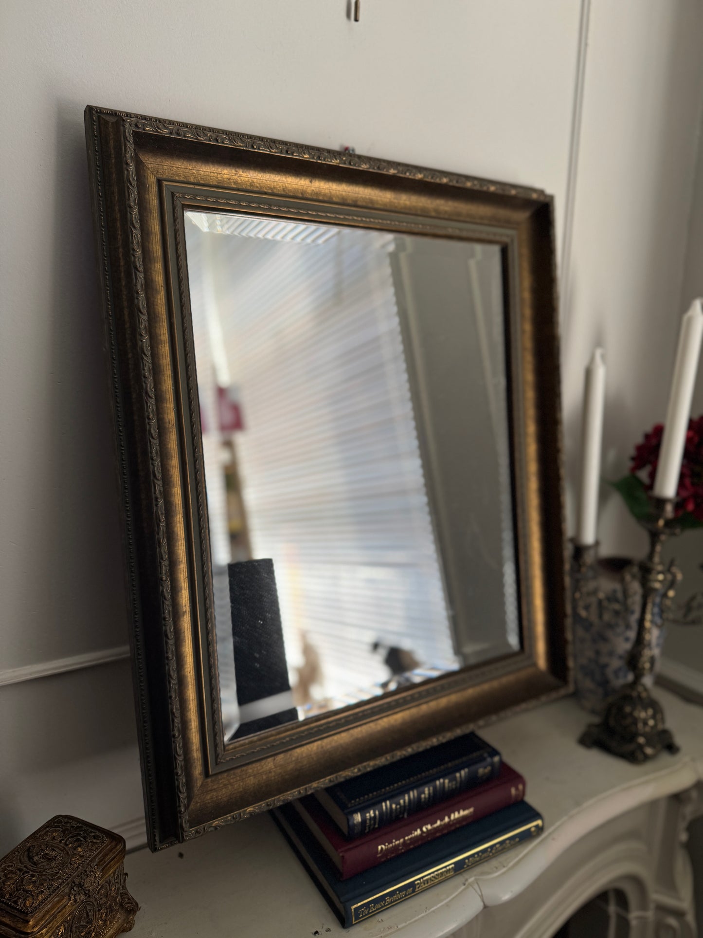 Antique Bronze Effect Wooden Gilt Thick Trimmed Bevelled Mirror