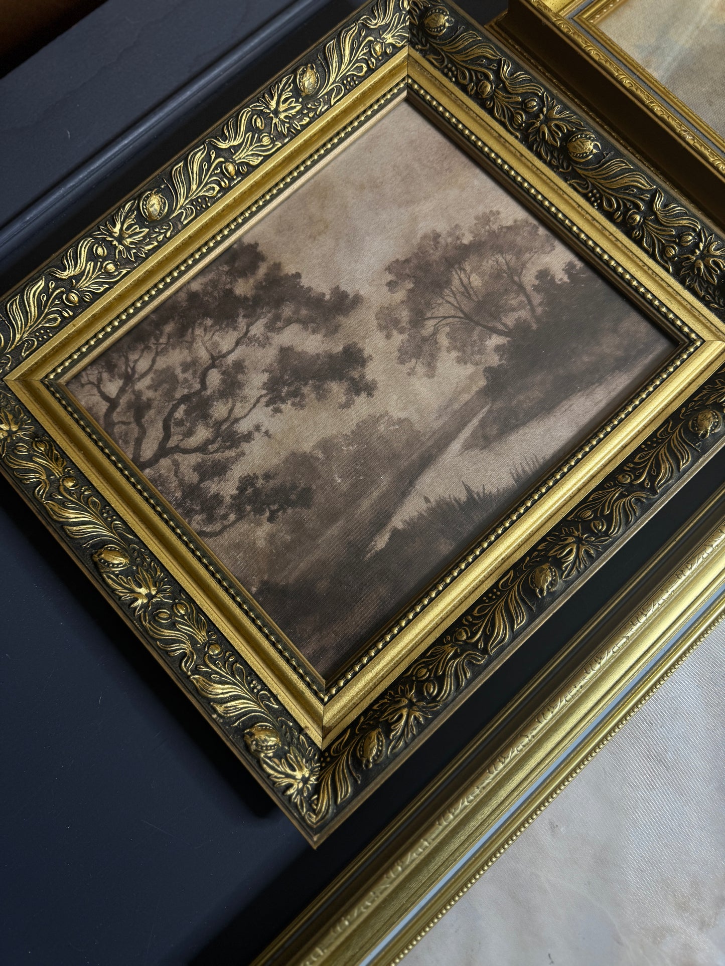 Château Elegance Wall Set – Vintage Gold Gilt Frames with Moody Dark Themed Prints