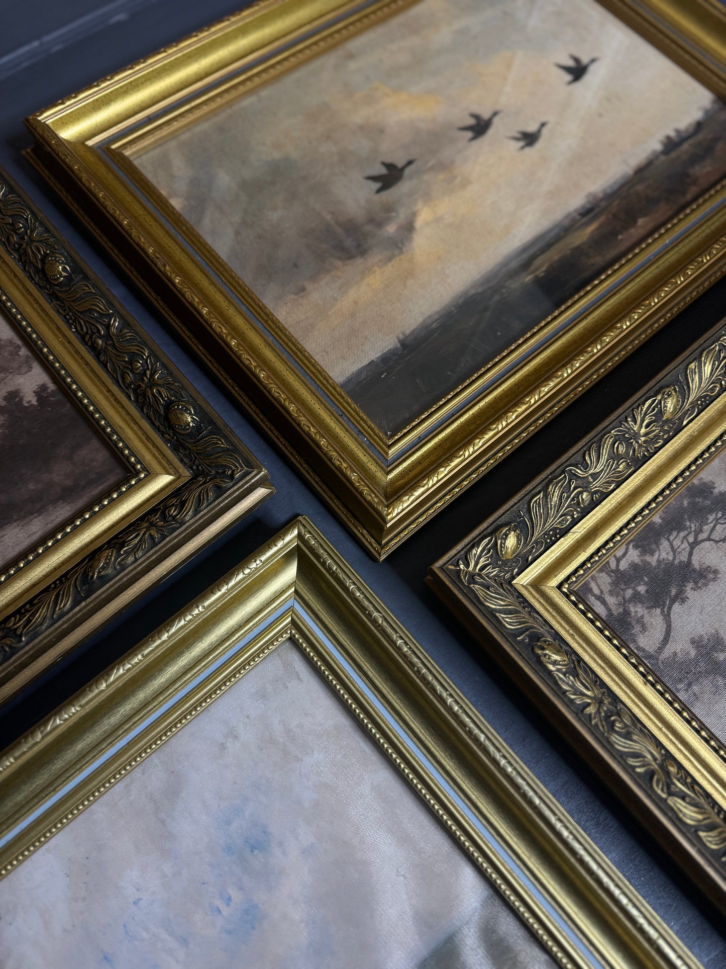 Château Elegance Wall Set – Vintage Gold Gilt Frames with Moody Dark Themed Prints