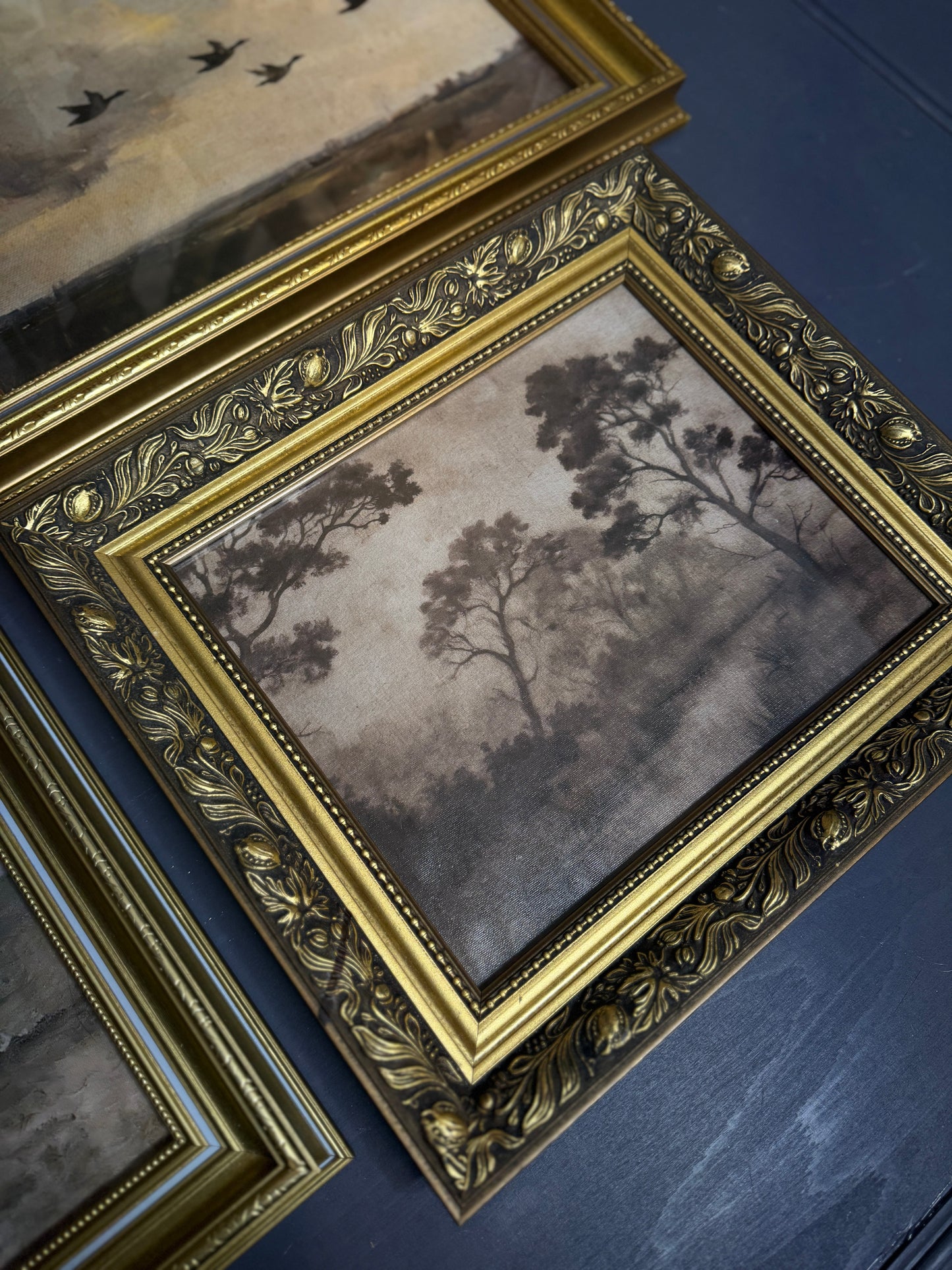 Château Elegance Wall Set – Vintage Gold Gilt Frames with Moody Dark Themed Prints
