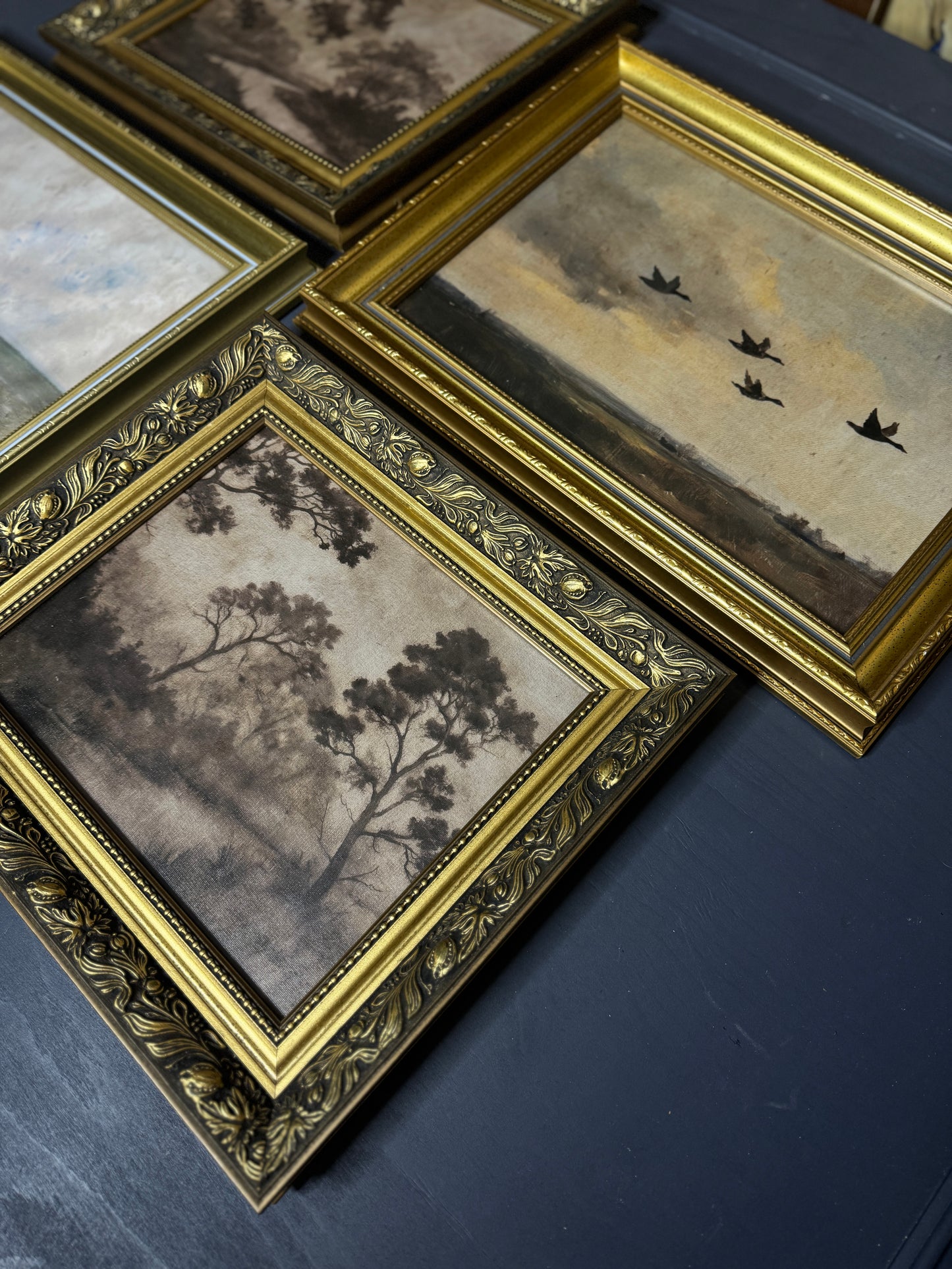 Château Elegance Wall Set – Vintage Gold Gilt Frames with Moody Dark Themed Prints
