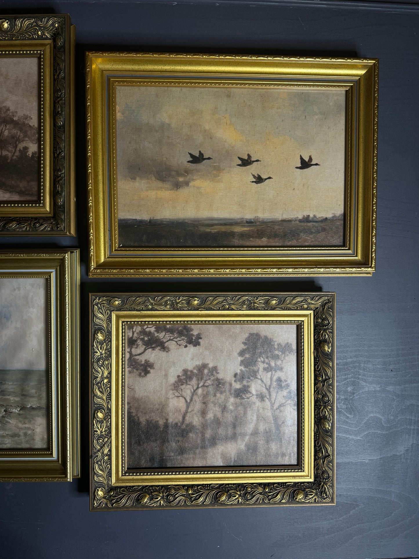 Château Elegance Wall Set – Vintage Gold Gilt Frames with Moody Dark Themed Prints