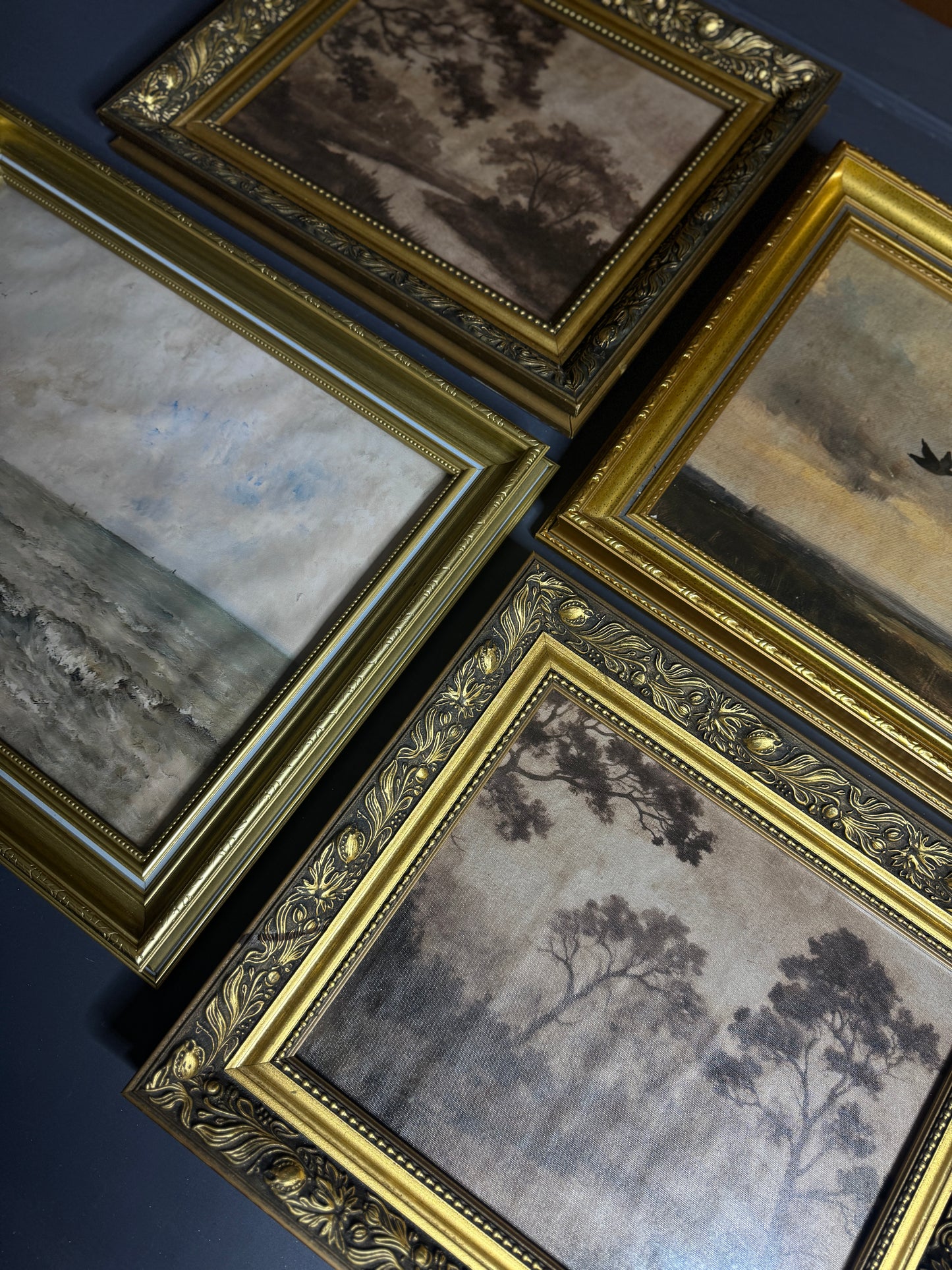 Château Elegance Wall Set – Vintage Gold Gilt Frames with Moody Dark Themed Prints