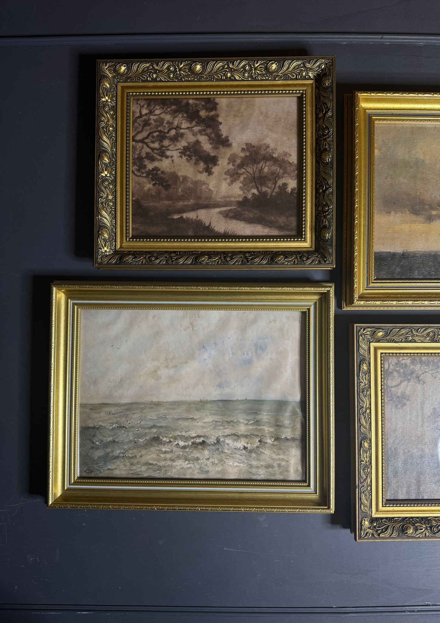 Château Elegance Wall Set – Vintage Gold Gilt Frames with Moody Dark Themed Prints