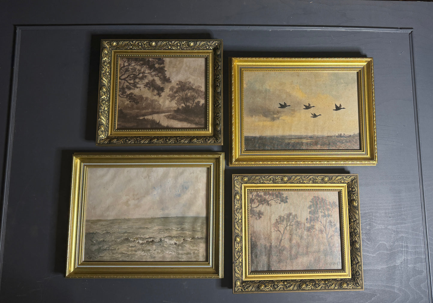 Château Elegance Wall Set – Vintage Gold Gilt Frames with Moody Dark Themed Prints