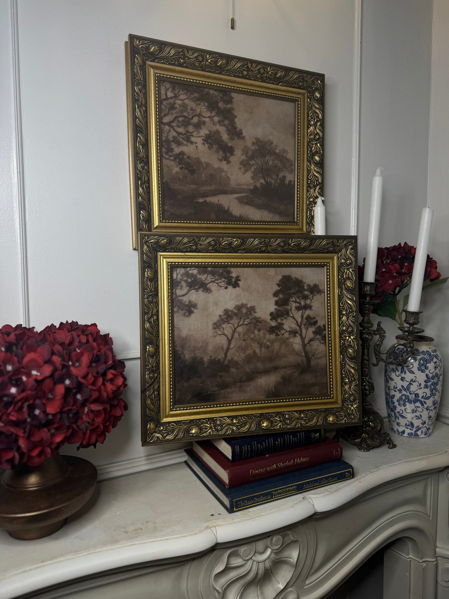 Château Elegance Wall Set – Vintage Gold Gilt Frames with Moody Dark Themed Prints