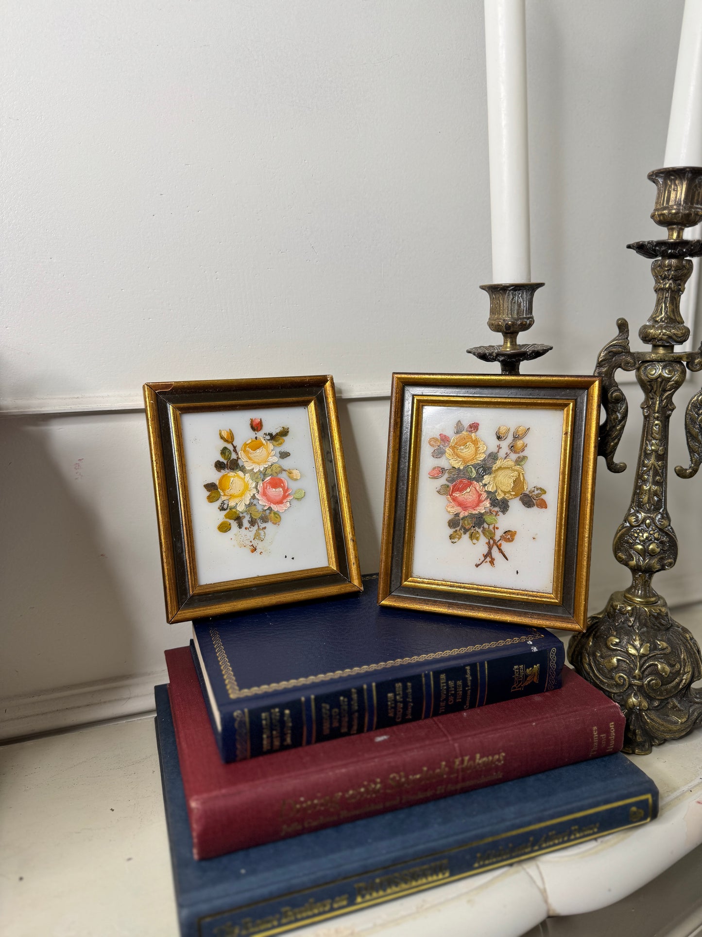 Original Vintage Mini Oil Paintings on Glass : Matching Small Frames