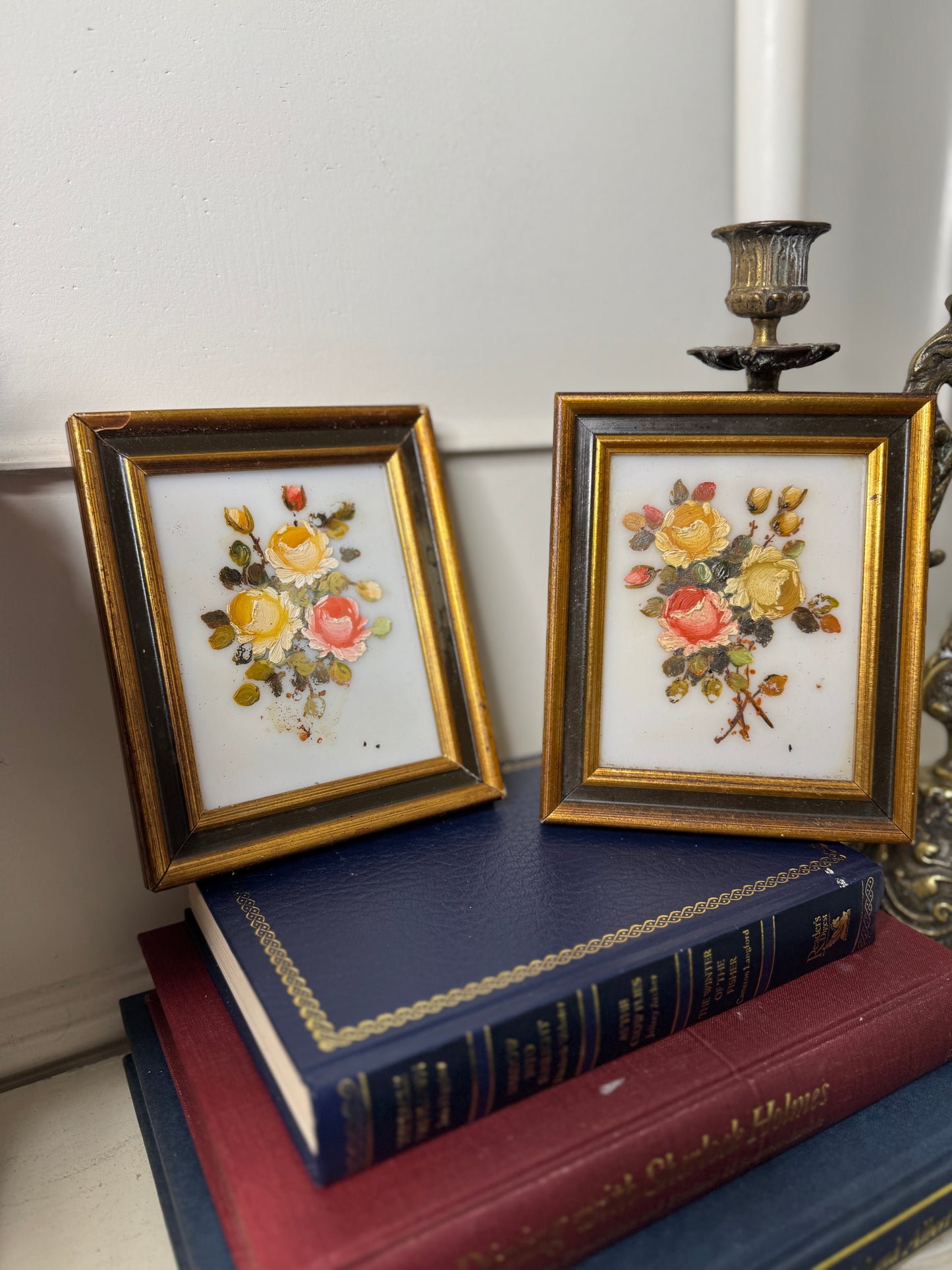Original Vintage Mini Oil Paintings on Glass : Matching Small Frames