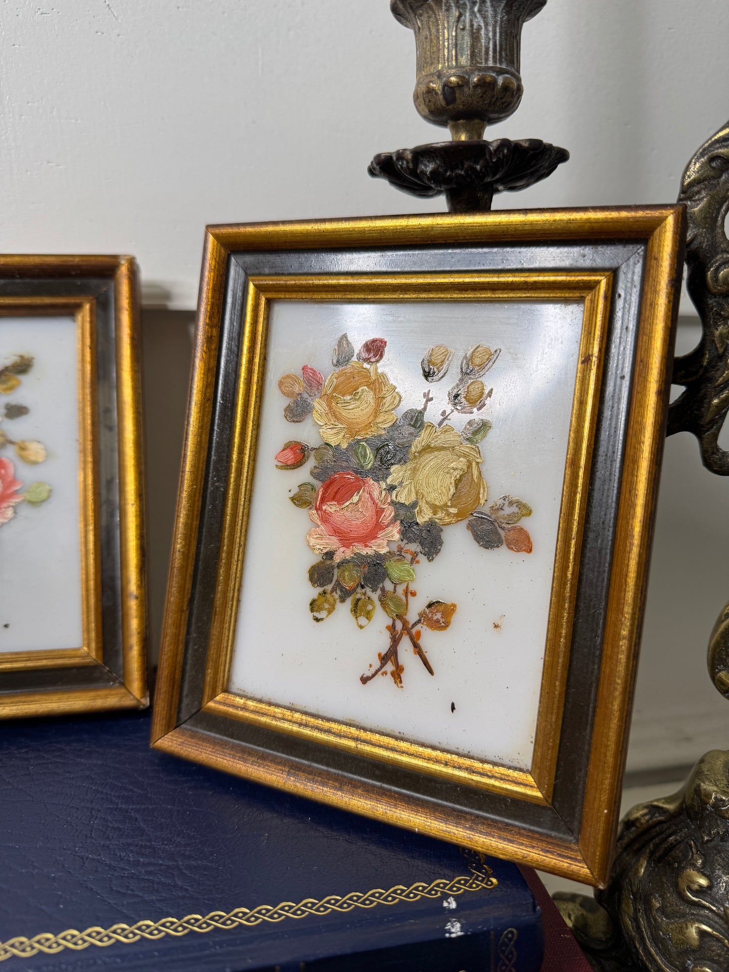 Original Vintage Mini Oil Paintings on Glass : Matching Small Frames