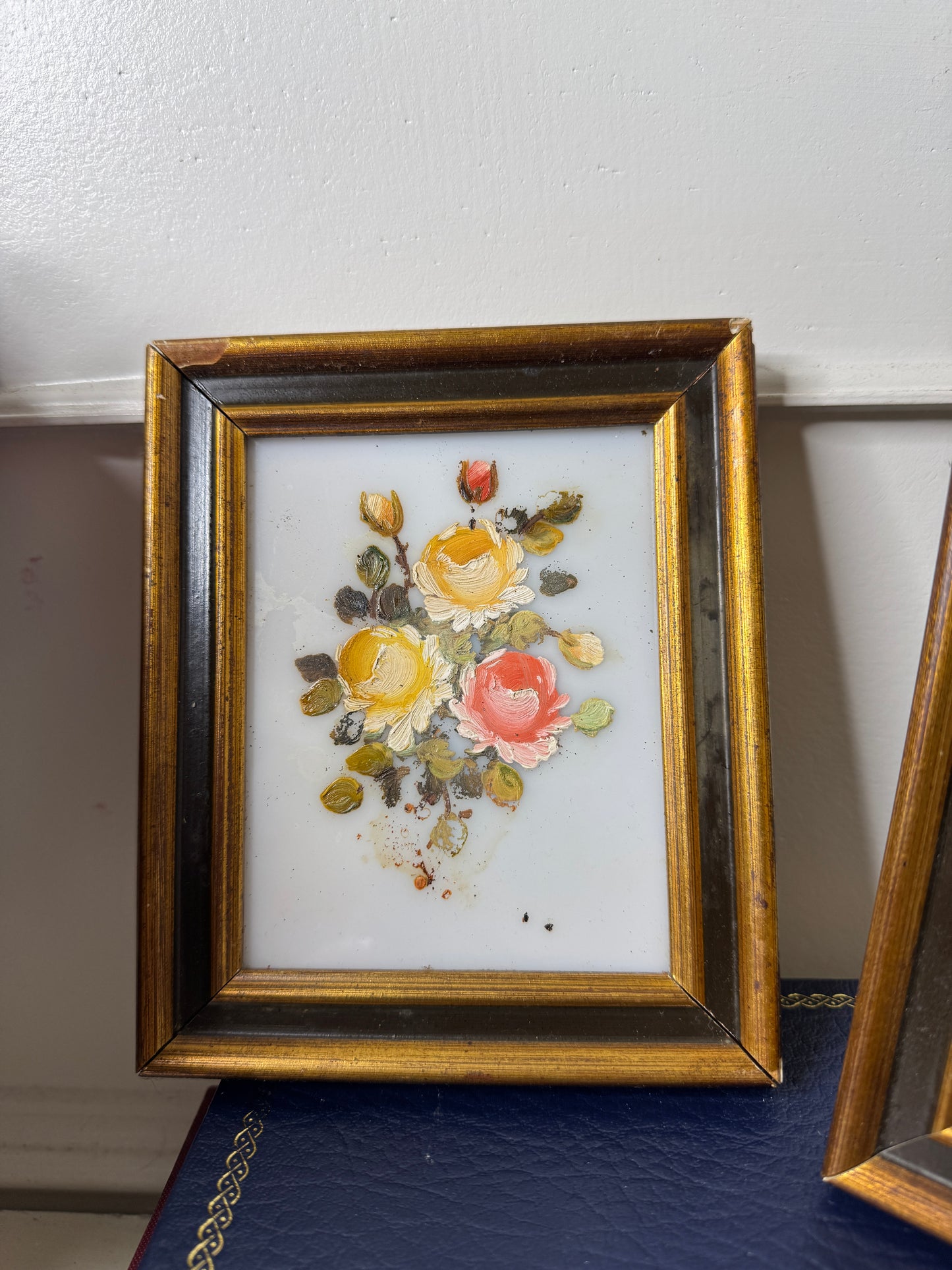Original Vintage Mini Oil Paintings on Glass : Matching Small Frames