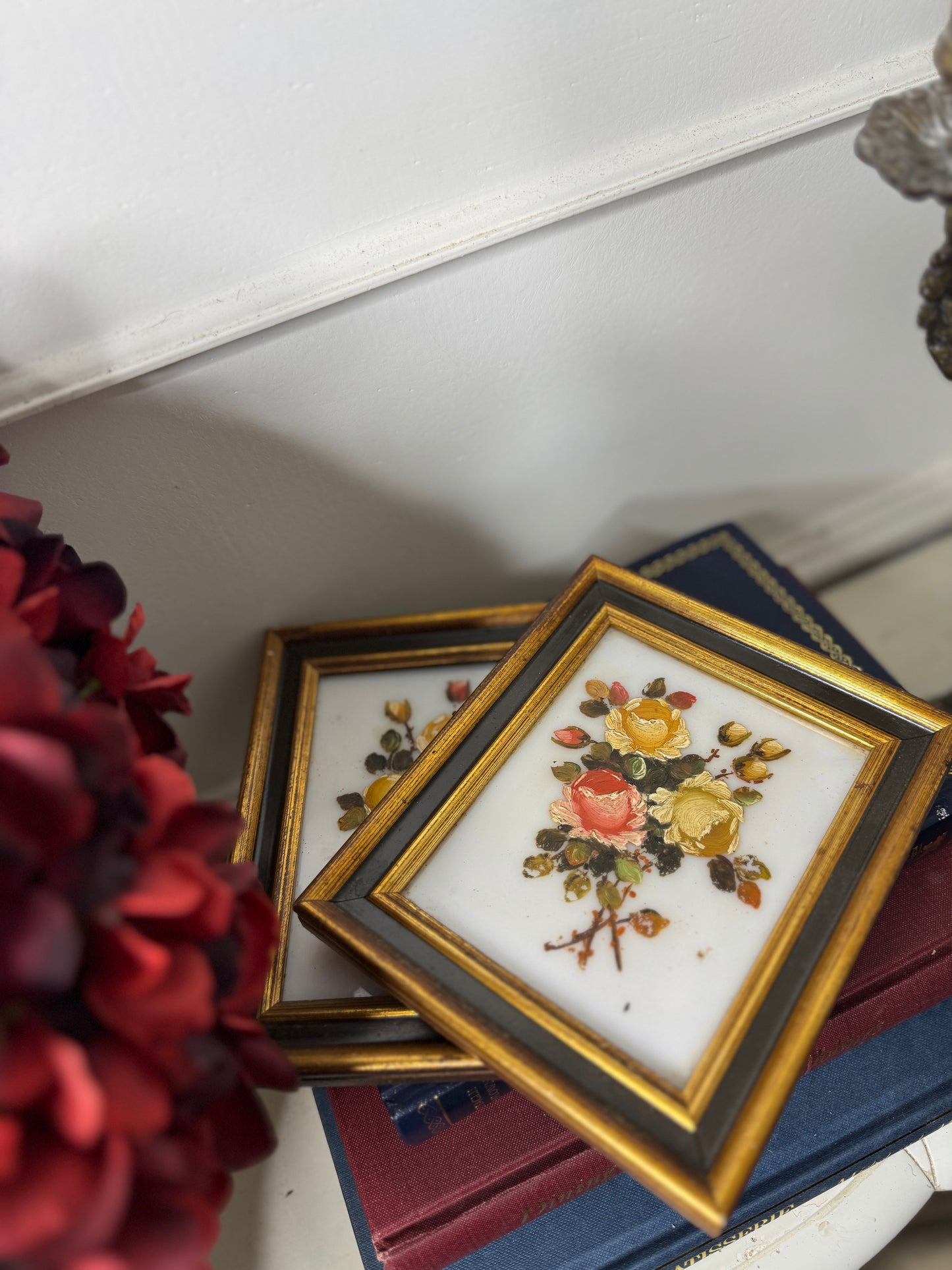 Original Vintage Mini Oil Paintings on Glass : Matching Small Frames