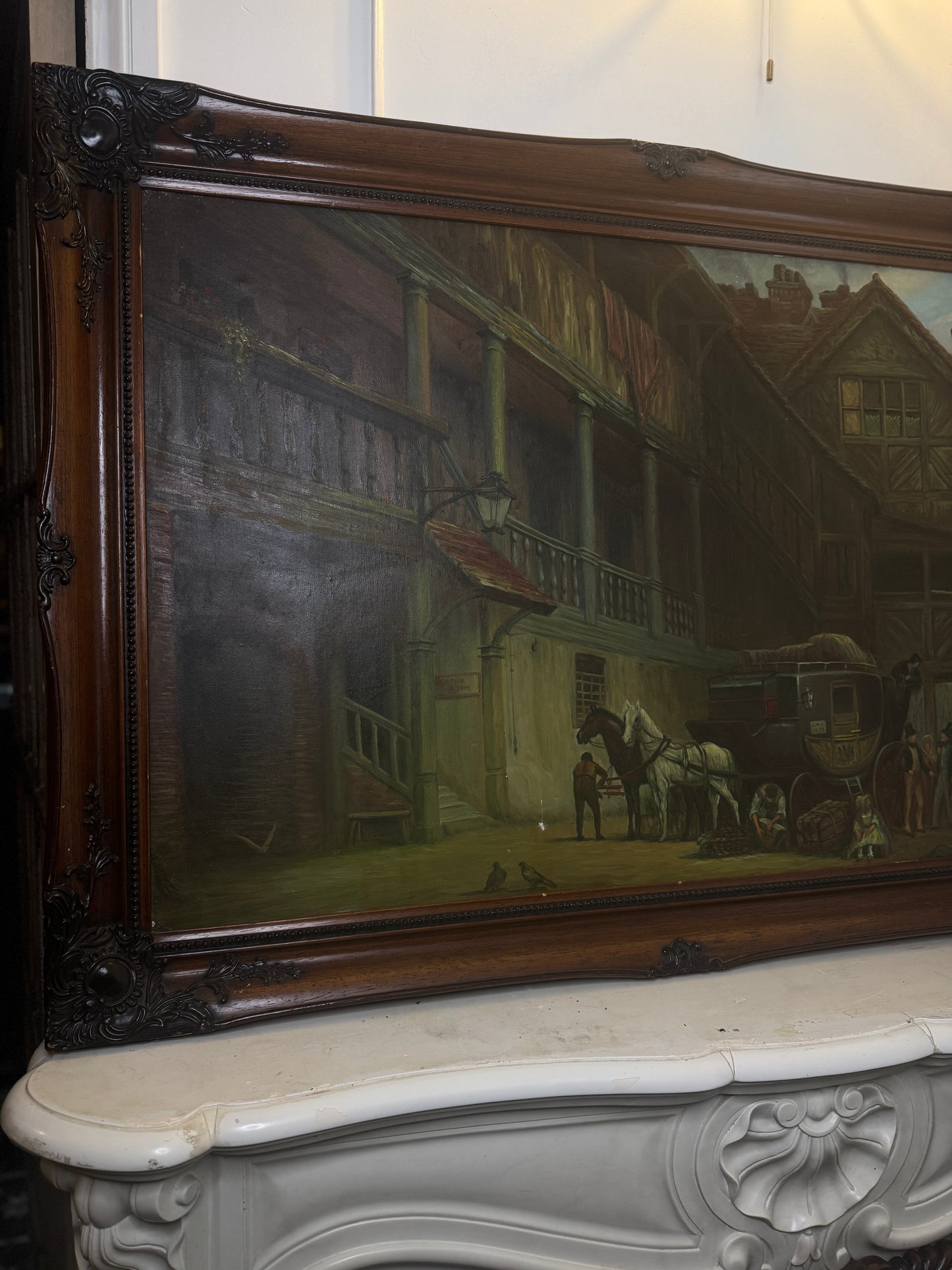 Extra Large Signed Victorian Themed Oil Painting in Wooden Carved Ornate Frame