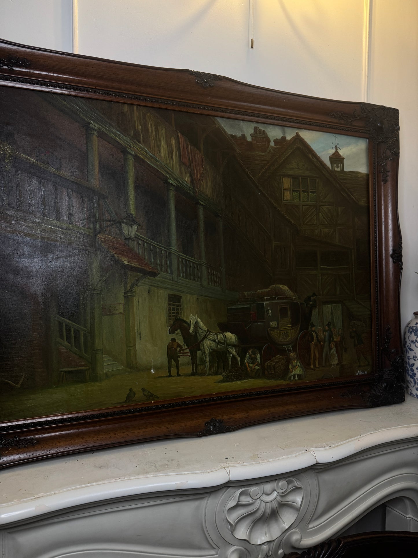 Extra Large Signed Victorian Themed Oil Painting in Wooden Carved Ornate Frame