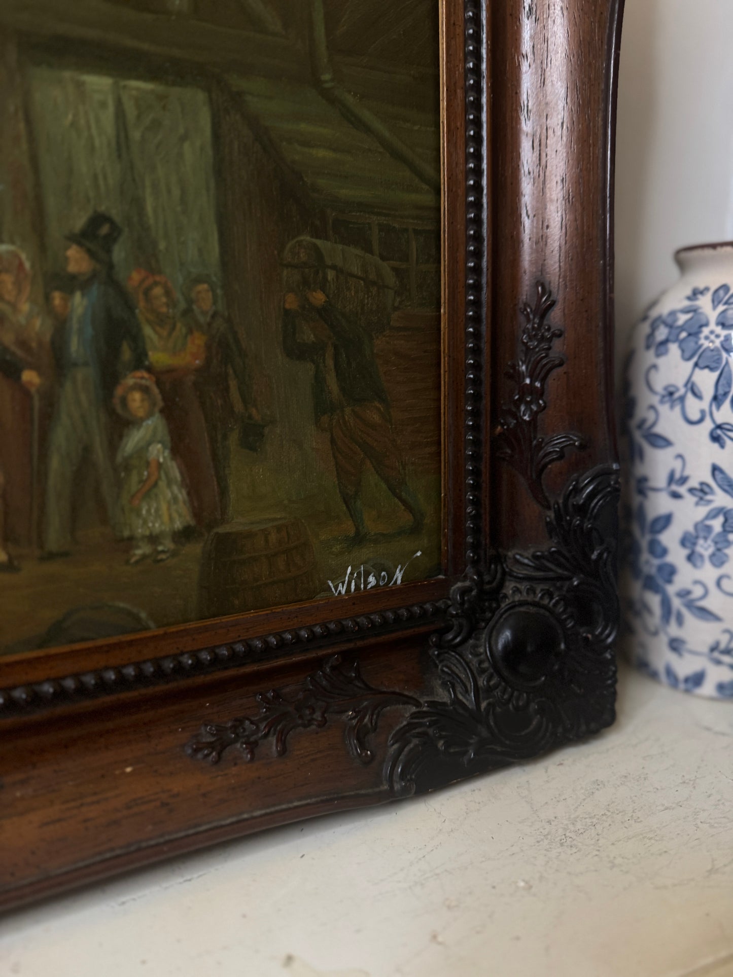 Extra Large Signed Victorian Themed Oil Painting in Wooden Carved Ornate Frame