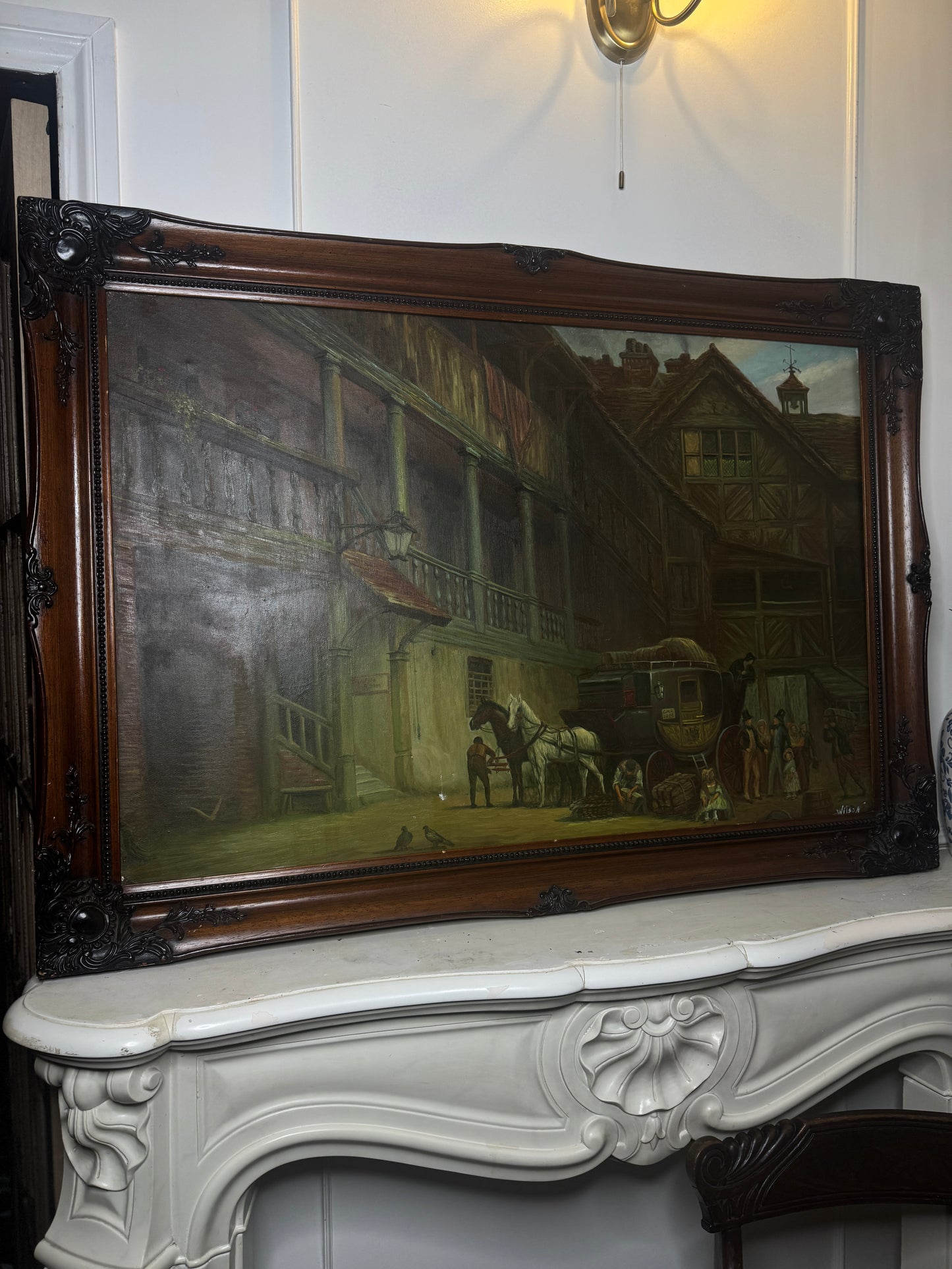 Extra Large Signed Victorian Themed Oil Painting in Wooden Carved Ornate Frame