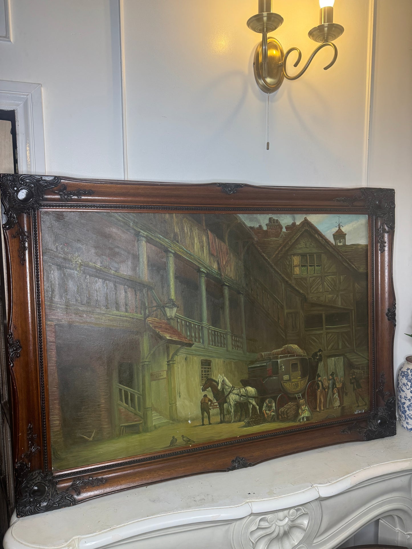 Extra Large Signed Victorian Themed Oil Painting in Wooden Carved Ornate Frame