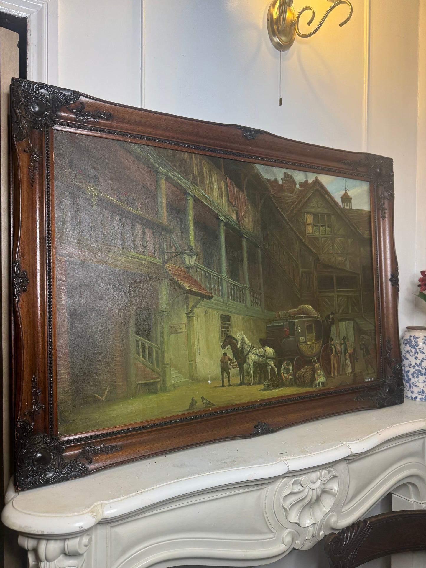 Extra Large Signed Victorian Themed Oil Painting in Wooden Carved Ornate Frame