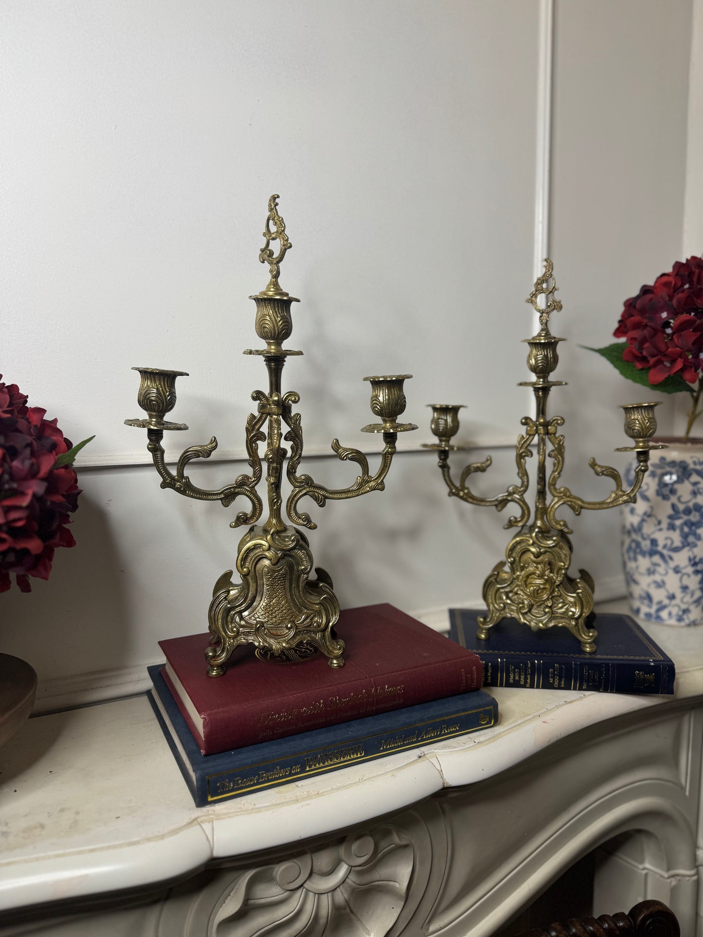 Vintage Rococo Style Brass Candelabra, Ornate 3-Arm Candlestick Holder Pair with Matching Candle Snuffer
