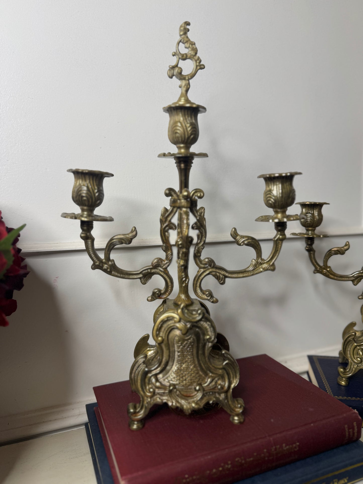 Vintage Rococo Style Brass Candelabra, Ornate 3-Arm Candlestick Holder Pair with Matching Candle Snuffer