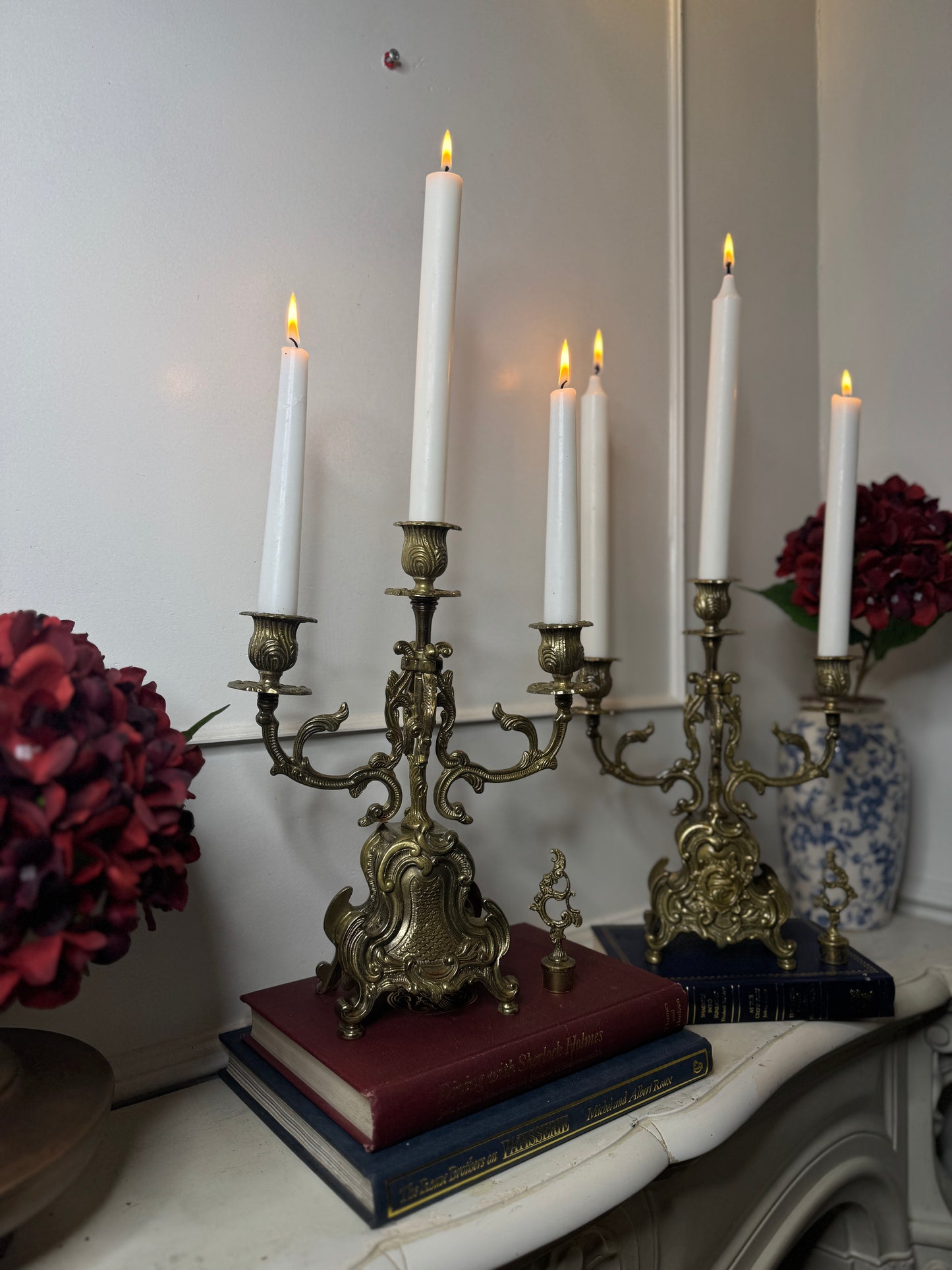 Vintage Rococo Style Brass Candelabra, Ornate 3-Arm Candlestick Holder Pair with Matching Candle Snuffer
