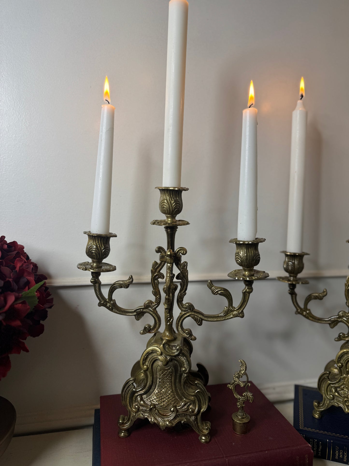 Vintage Rococo Style Brass Candelabra, Ornate 3-Arm Candlestick Holder Pair with Matching Candle Snuffer