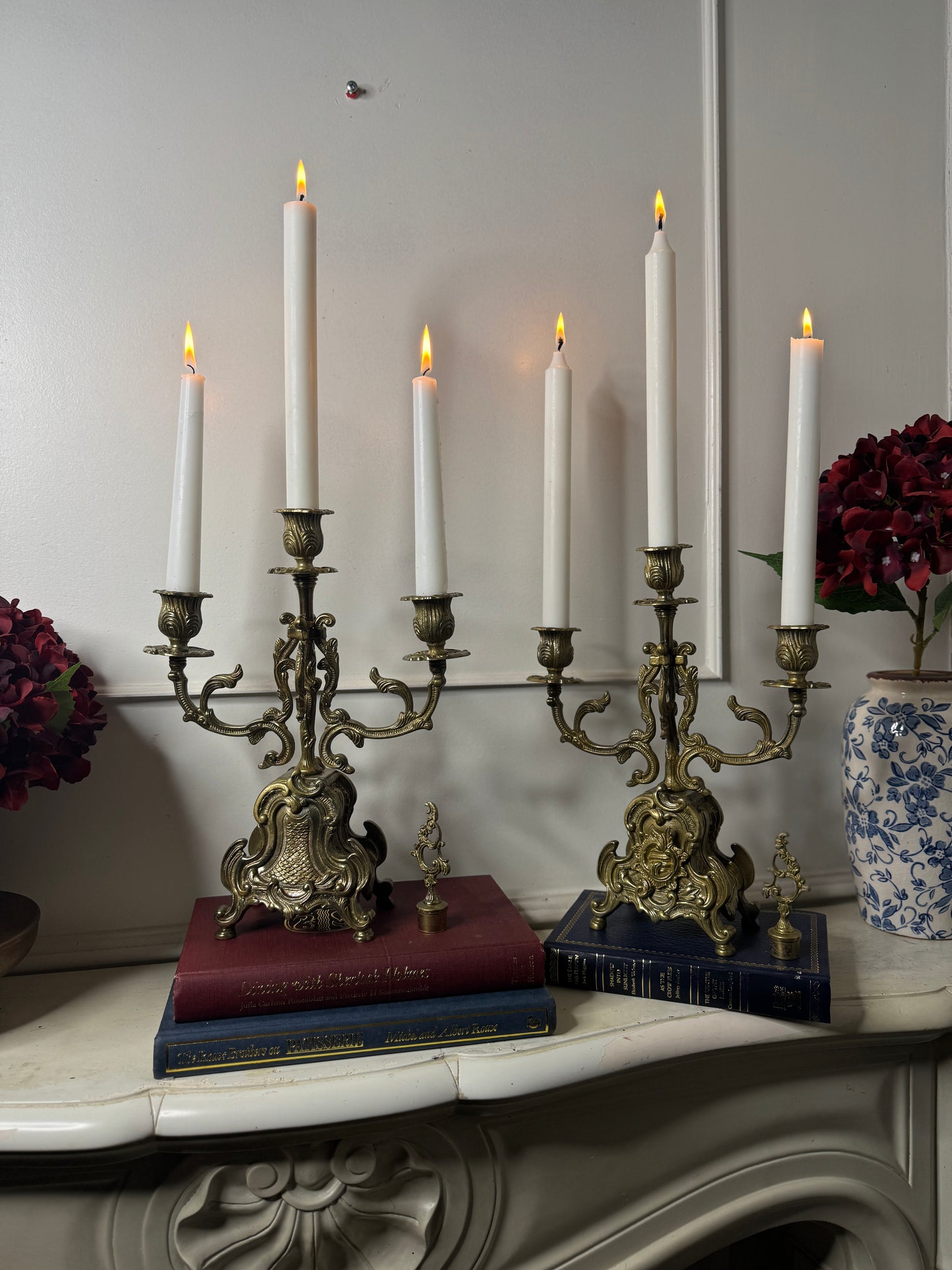 Vintage Rococo Style Brass Candelabra, Ornate 3-Arm Candlestick Holder Pair with Matching Candle Snuffer
